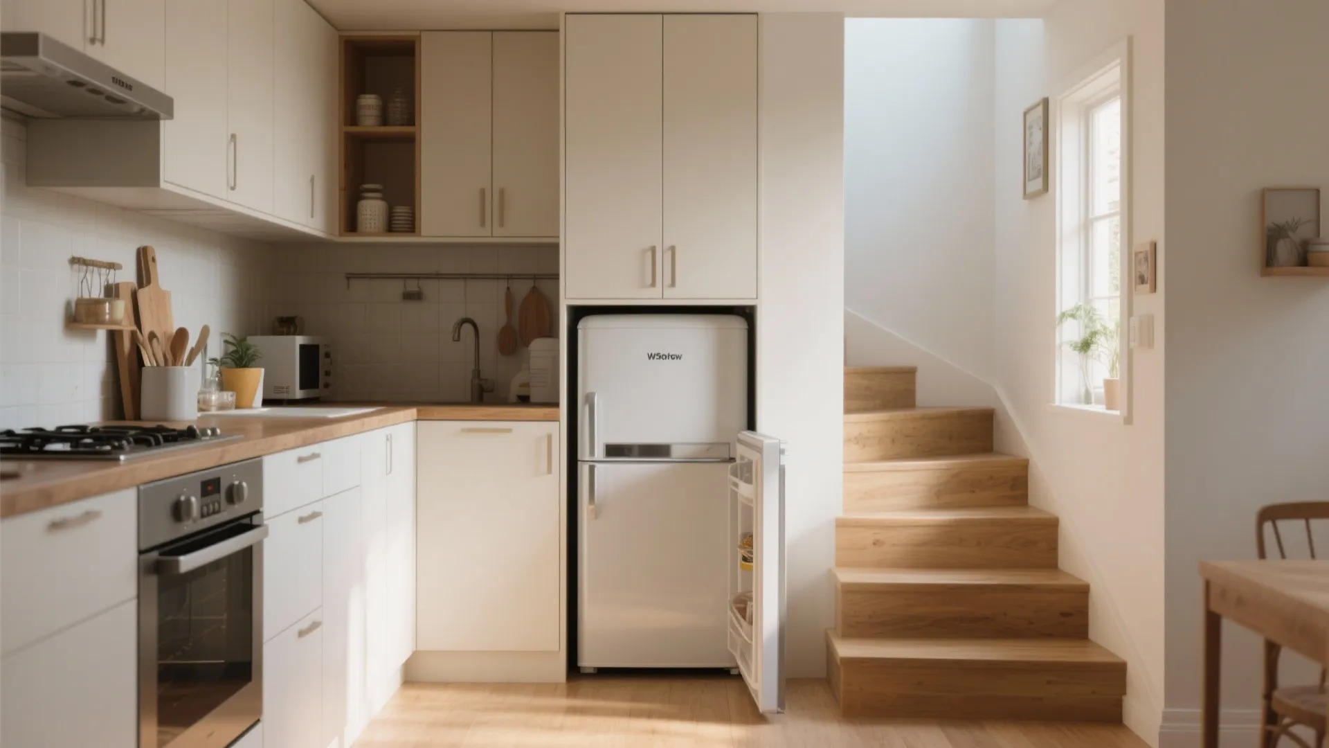 Fridge built into under-stairs cabinetry in a small home
