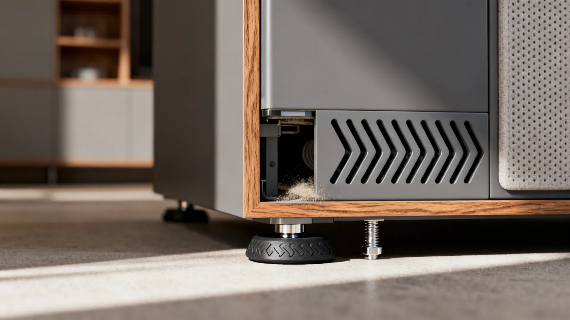 Macro of cabinet ventilation slots, clearance gap, and rubber isolation under a fridge foot.