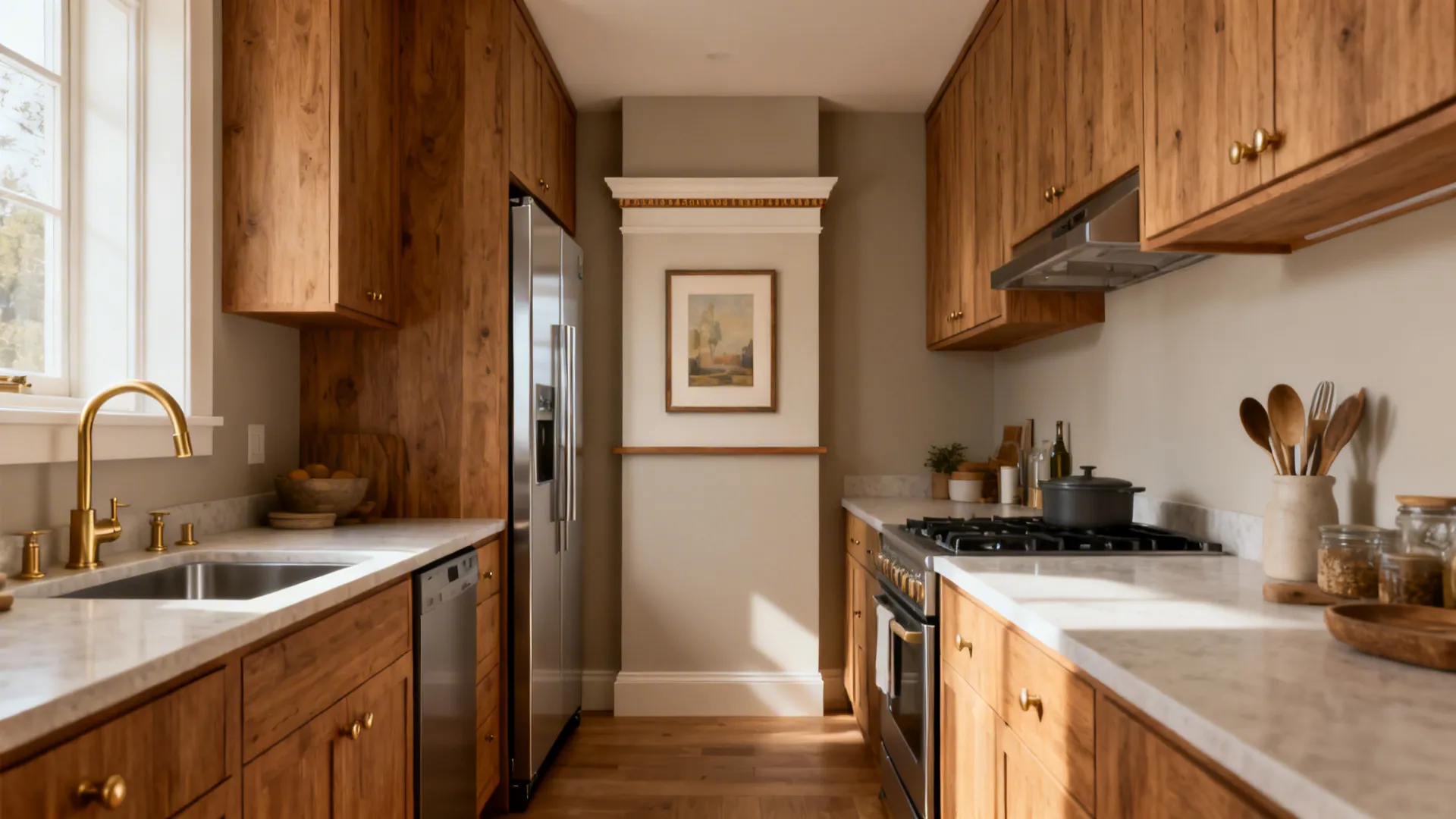Counter-depth fridge on one wall with the chimney breast as a slim art gallery.