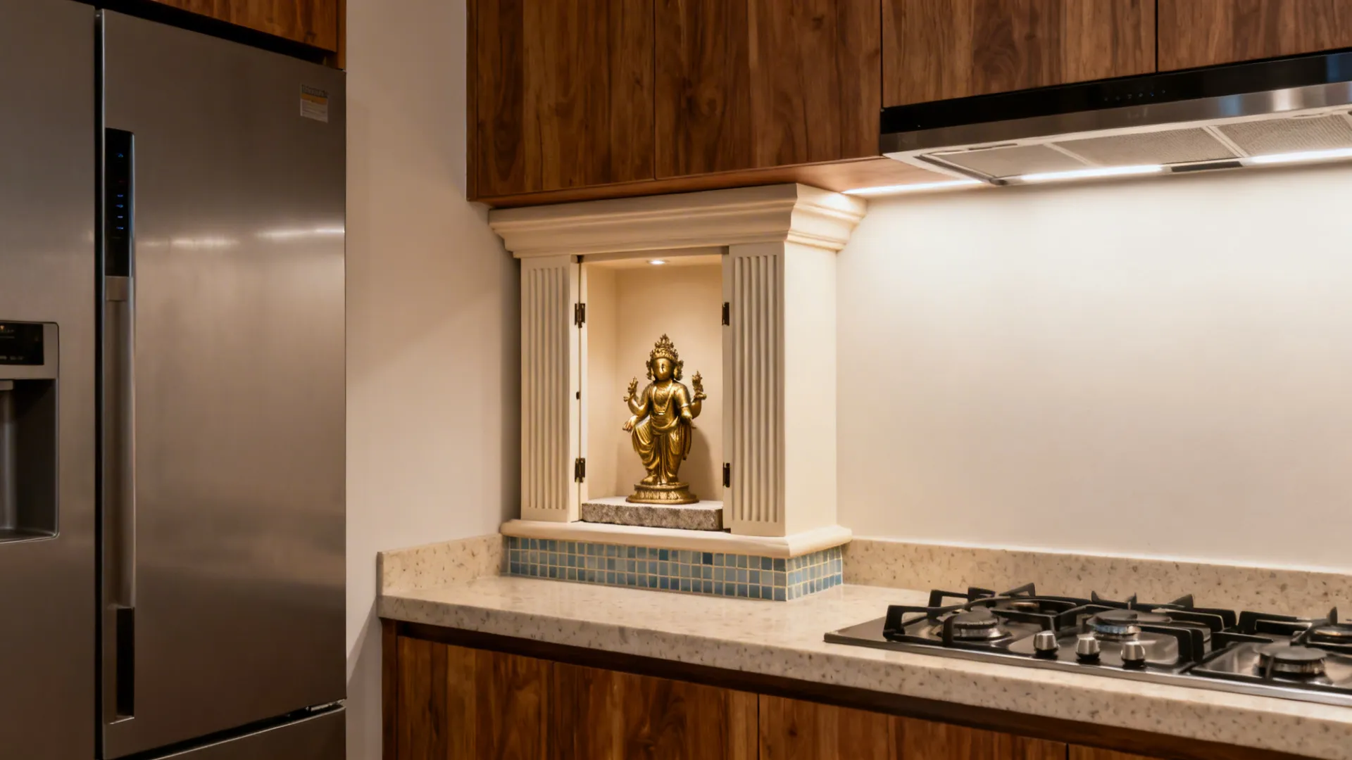 Minimalist pooja niche beside the fridge wall with fluted doors and soft backlighting.
