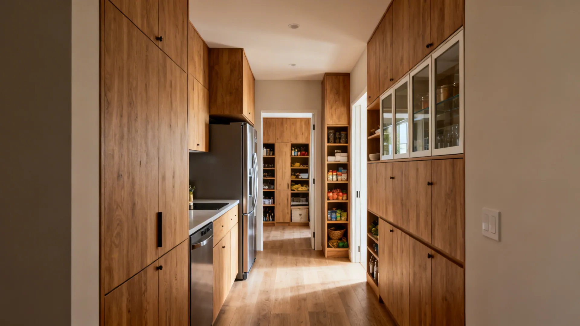 Compact kitchen with fridge to the west and dry storage along the south wall, balanced with glass uppers.