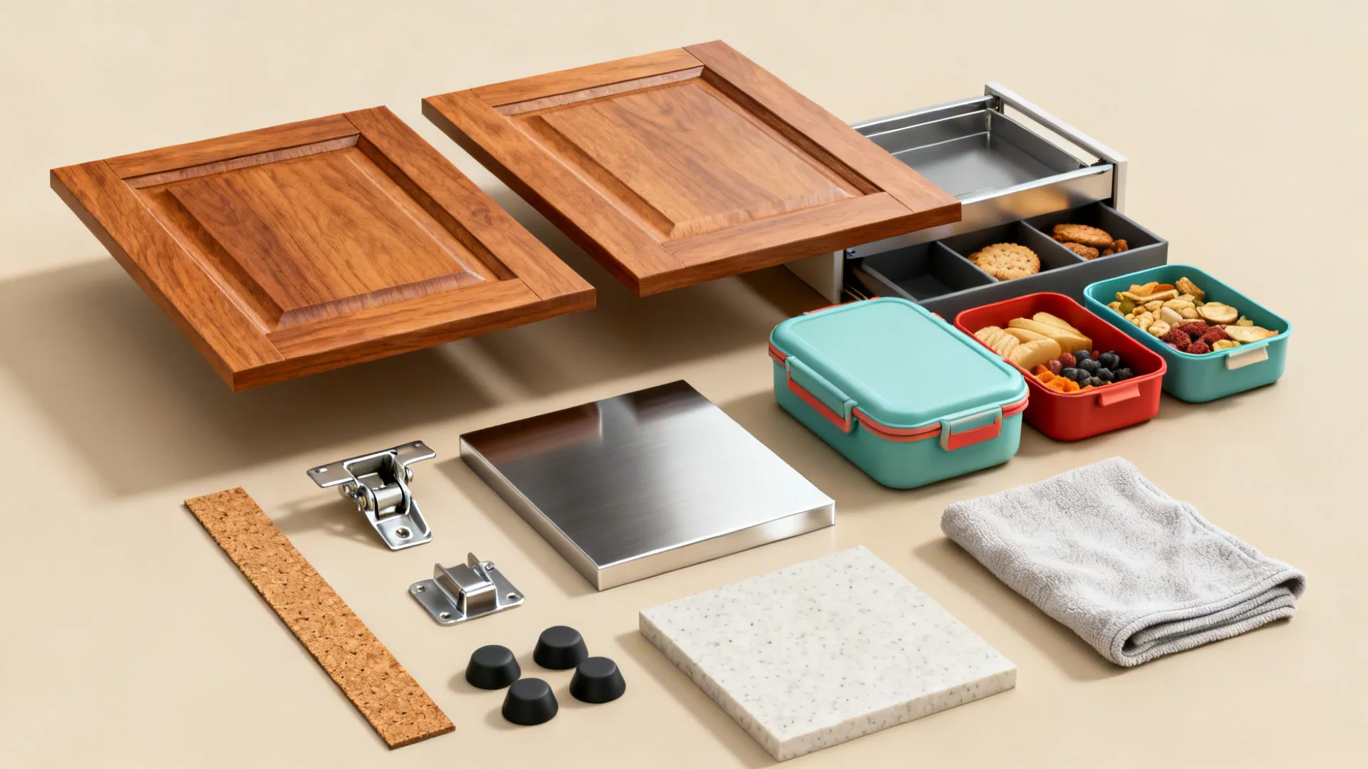 Flat lay of cabinet fronts, stainless sample, organizers, and hardware for a fridge zone.