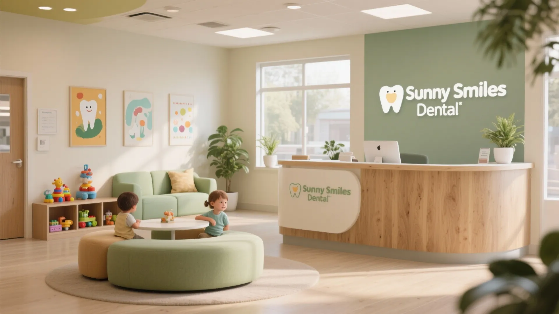 Friendly dental waiting room featuring wood desk green walls round sofa and two young children