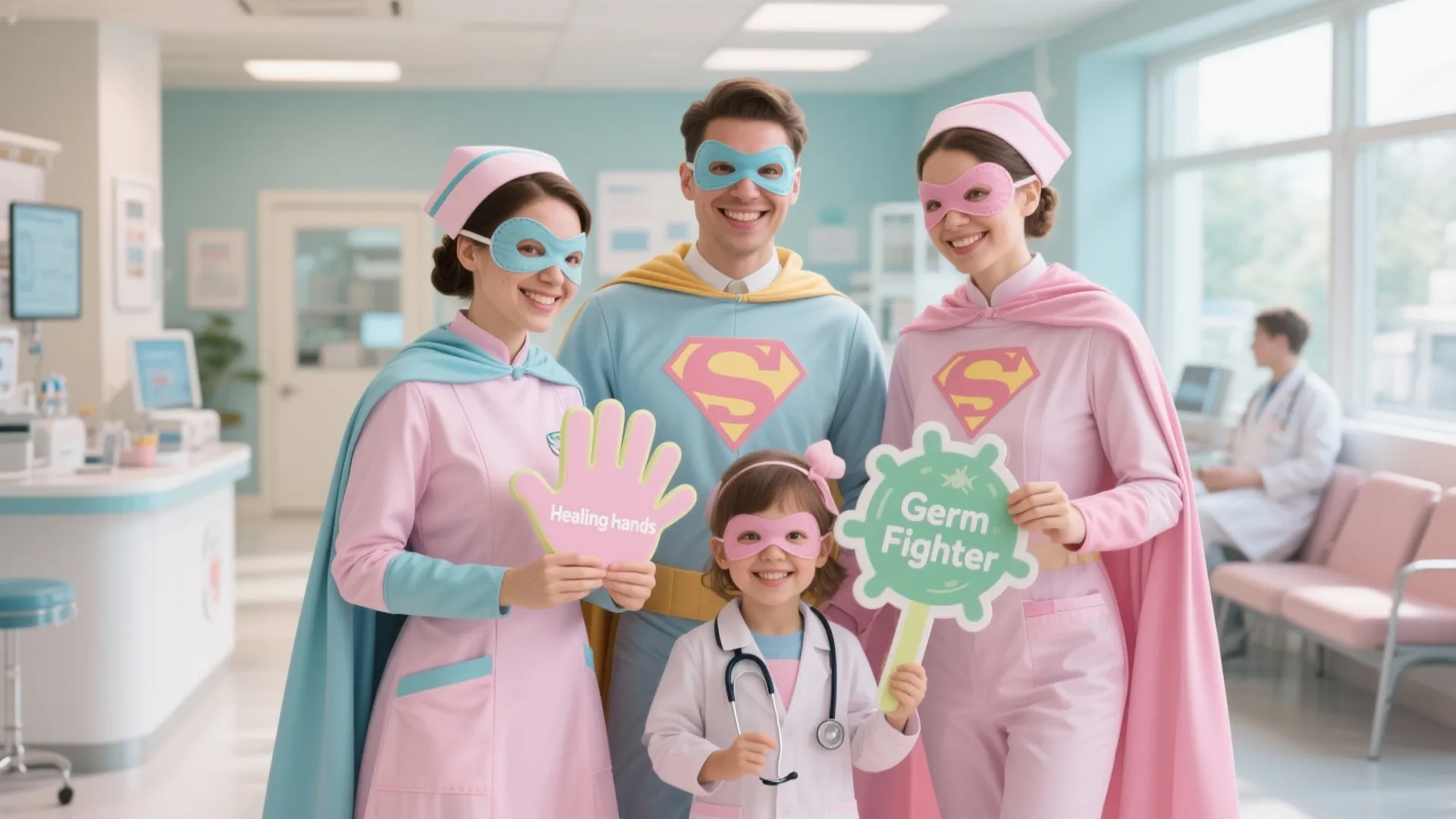 Medical staff and a child dressed as superheroes holding signs in a bright pediatric office