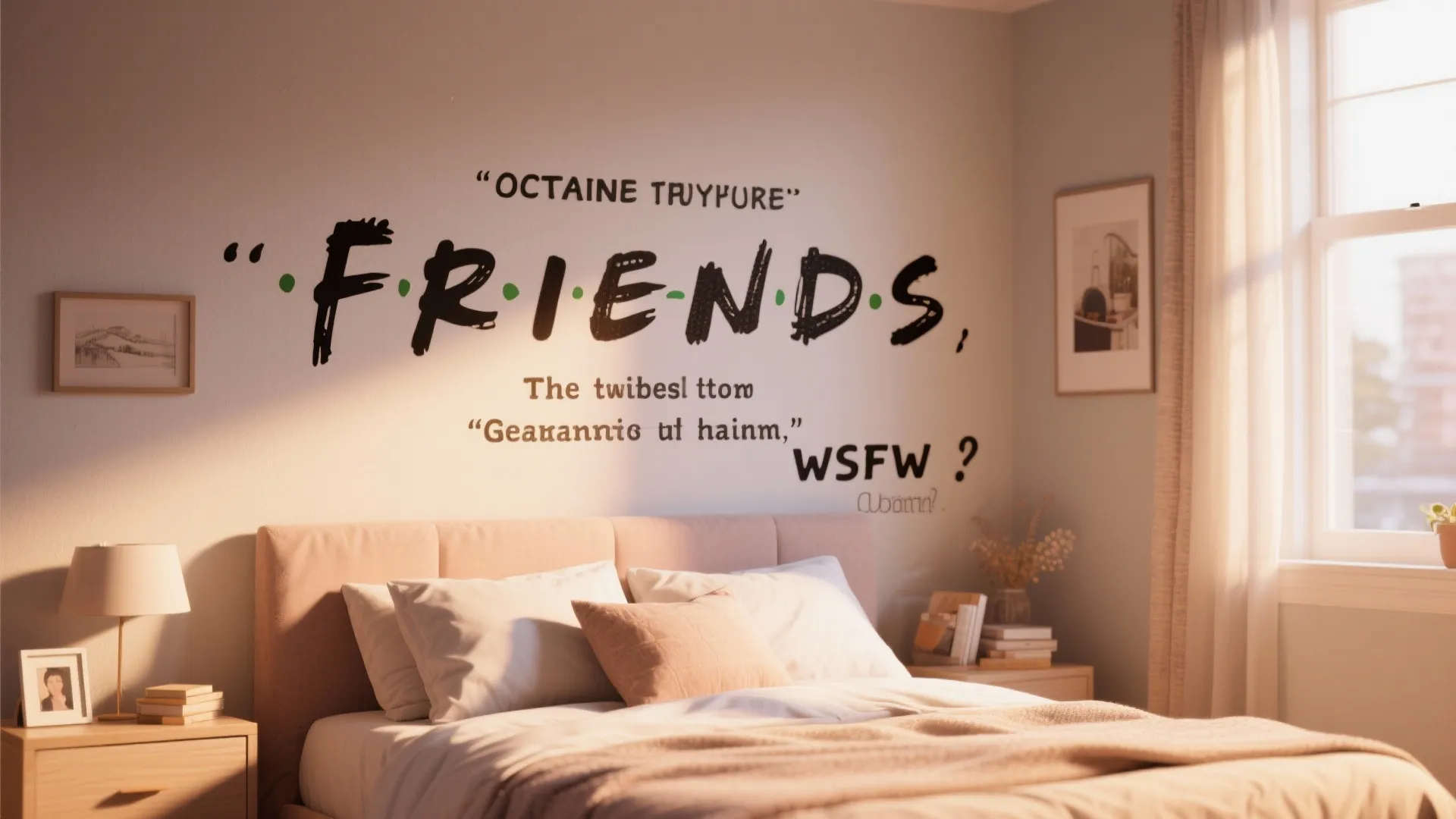 Bedroom wall with removable decals of Friends quotes