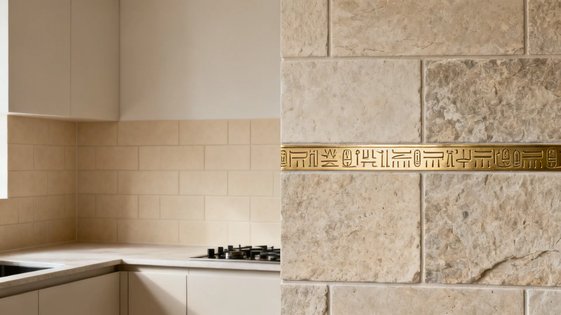 Modern kitchen with beige cabinets stove and stone wall featuring a gold patterned decorative border