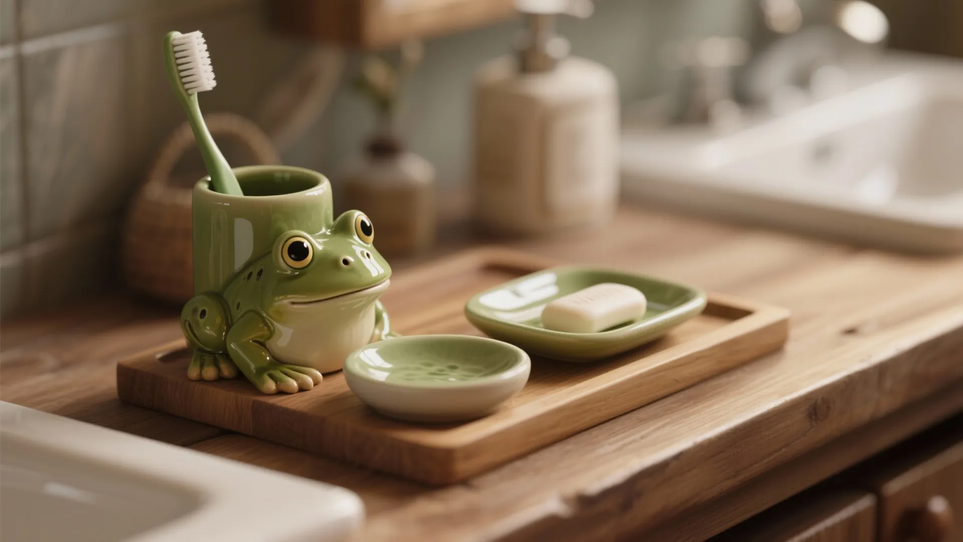 Close-up of frog-shaped soap dish and toothbrush holder