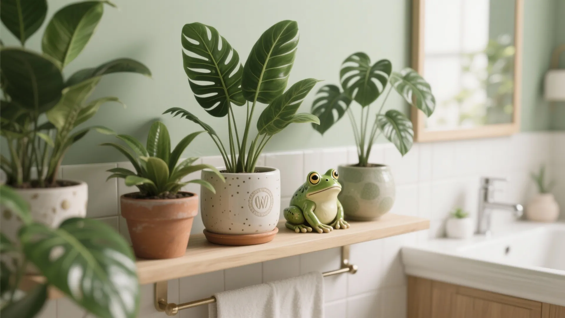 Bathroom shelf with green plants and frog figurines