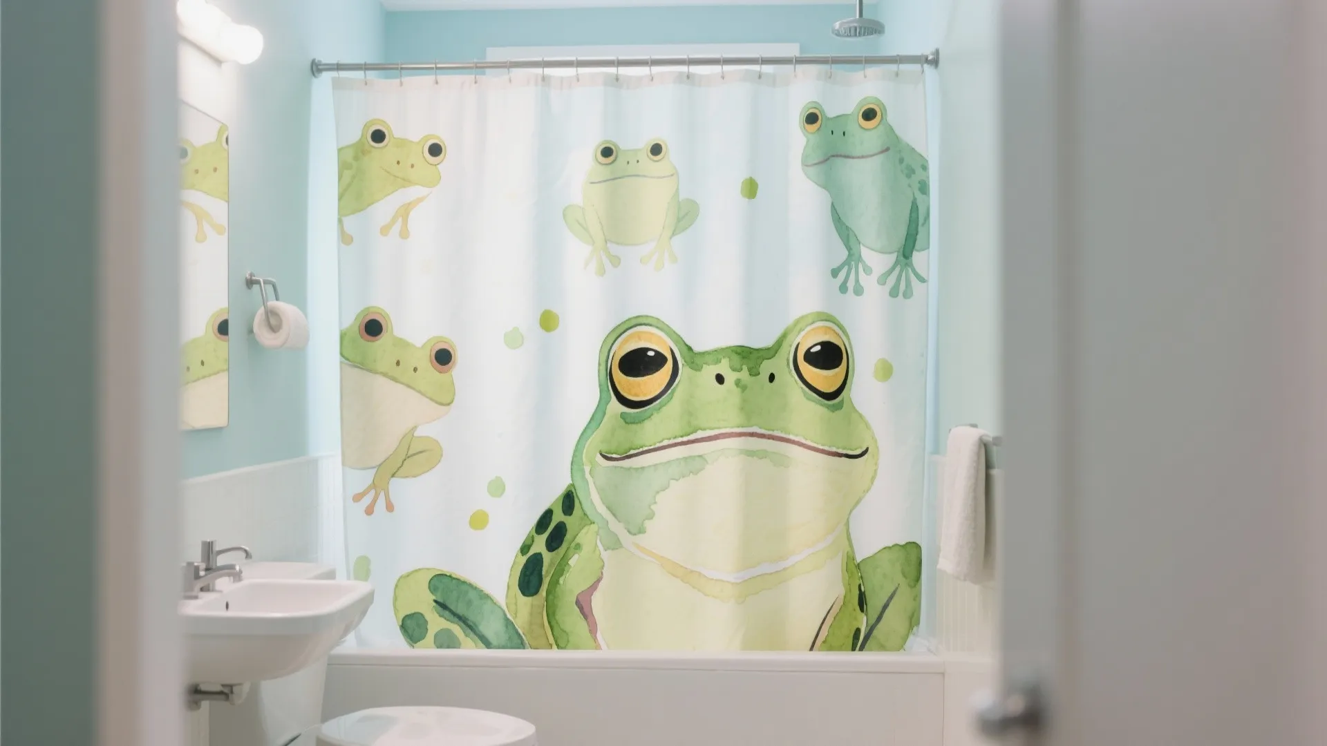 Bathroom with watercolor frog print shower curtain