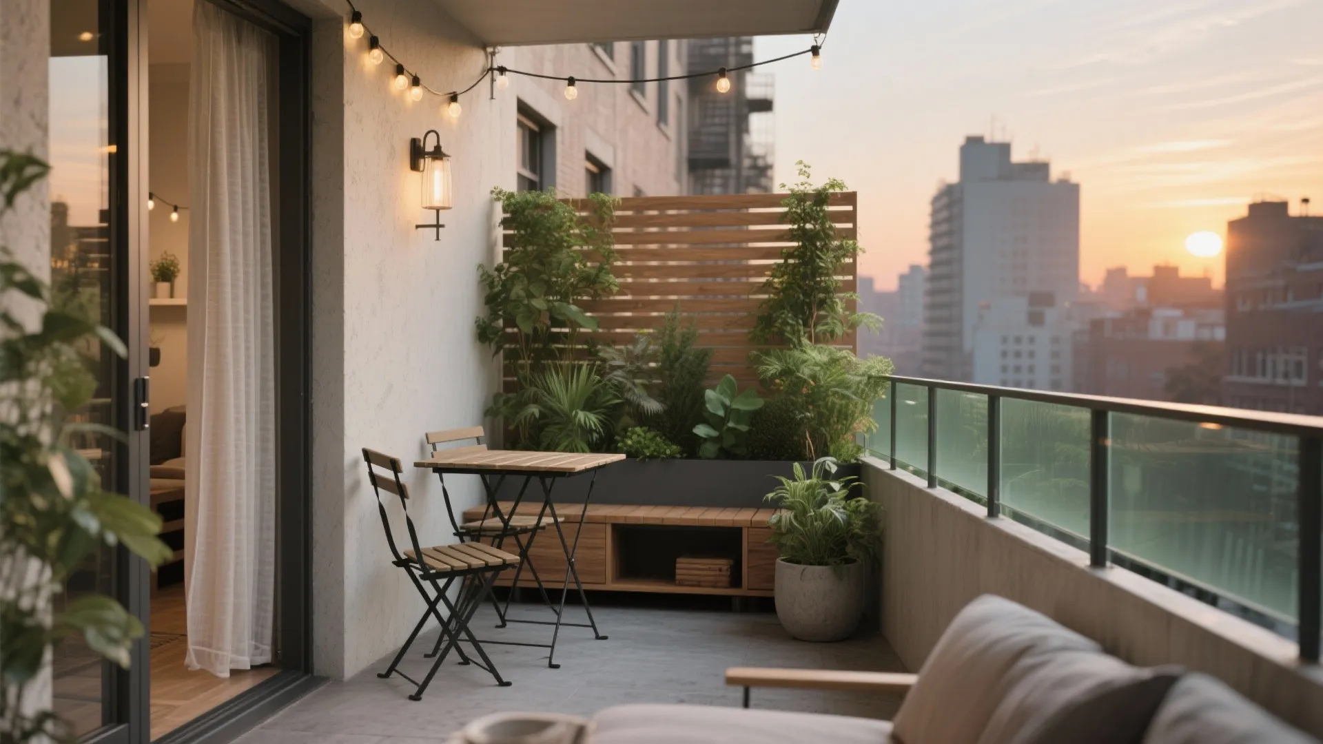 Cozy balcony at sunset with wooden table chairs string lights wall light and green potted plants