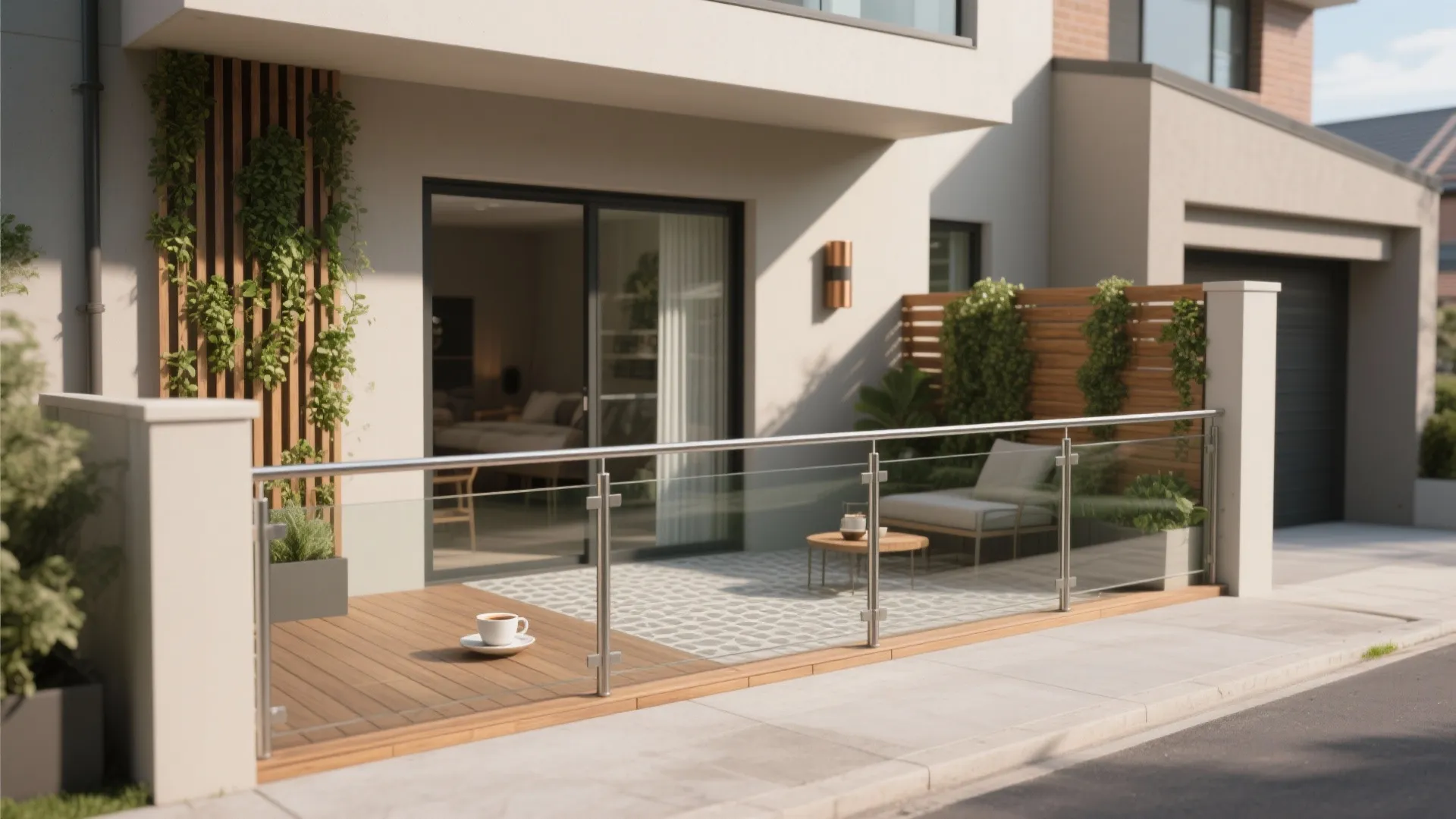 Modern ground floor balcony design with glass railings wooden deck outdoor sofa and green wall plants