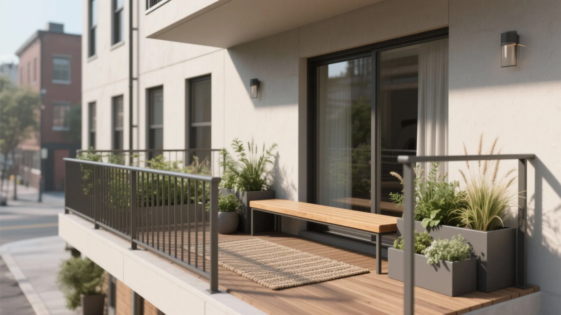 Modern balcony with wooden floor rug wooden bench green potted plants and black metal safety railing