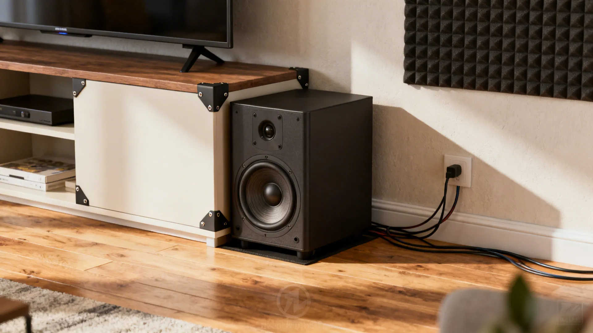 Black speaker on wood floor next to white cabinet with wires plugged into wall outlet