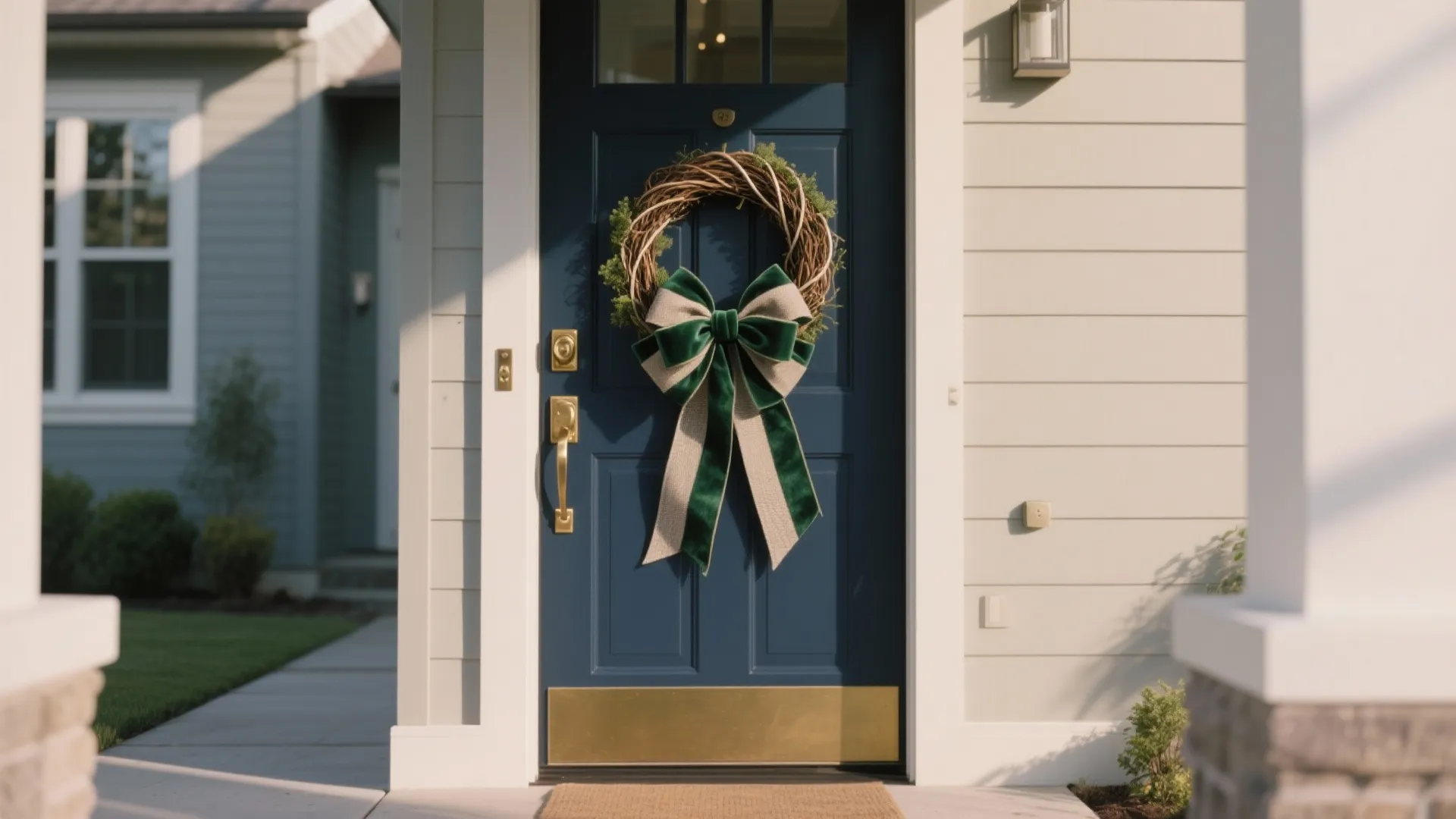 Blue front door decorated with a large green bow and a rustic wood branch wreath