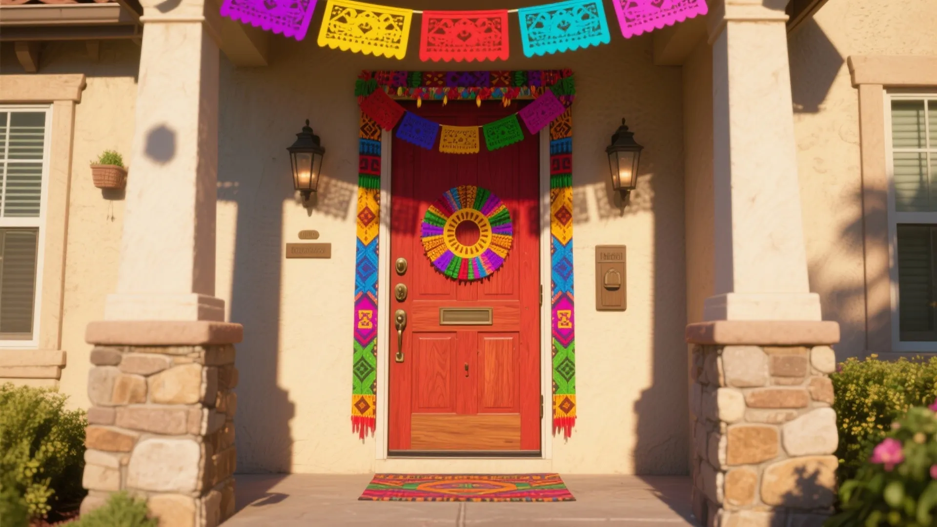 Red front door decorated with colorful banners wall lights and a round rainbow door wreath