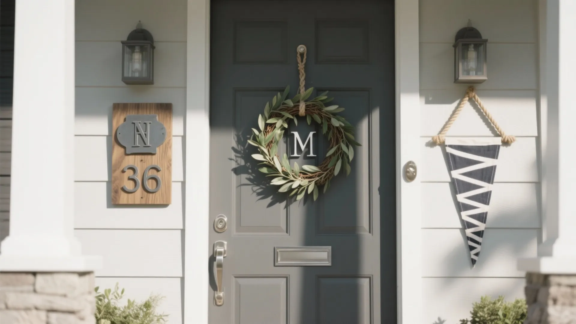 Grey front door featuring green leaf wreath house number sign wall lights and hanging banner