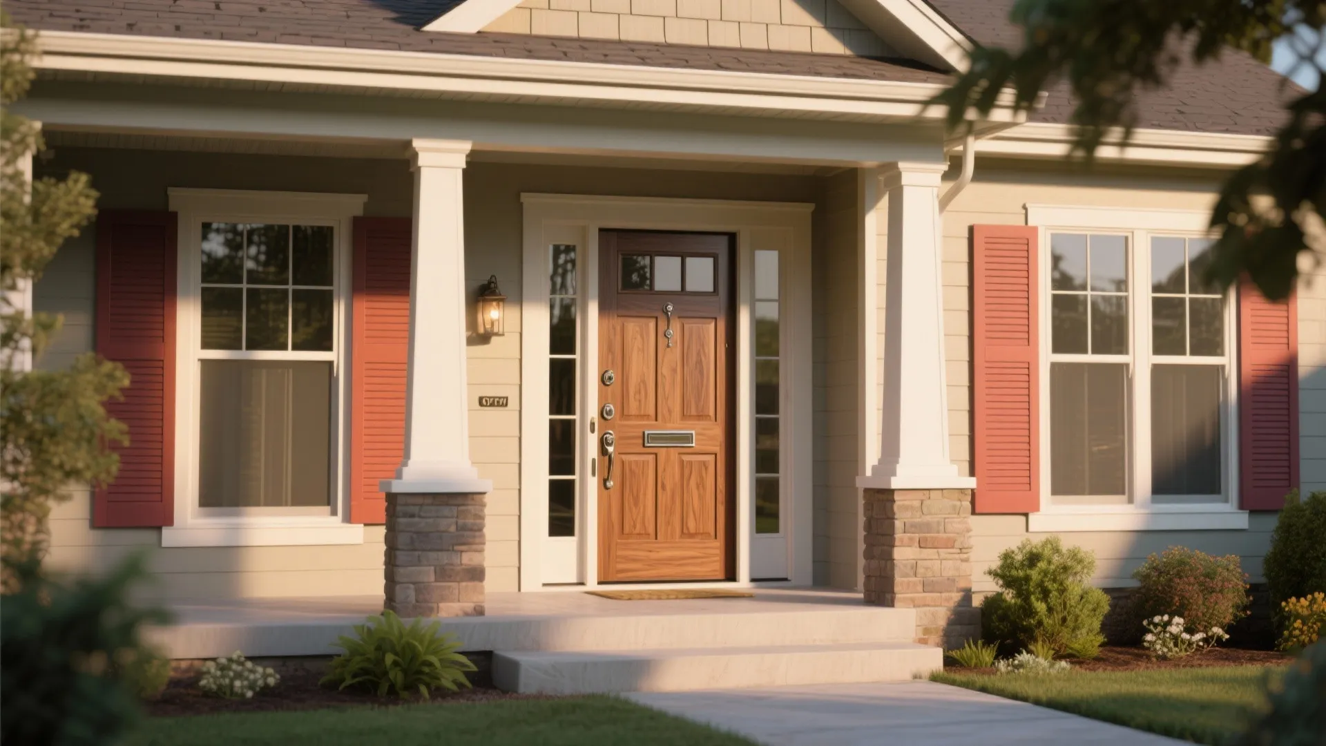 Close-up of a wooden front door with glass panels on a house with red shutters