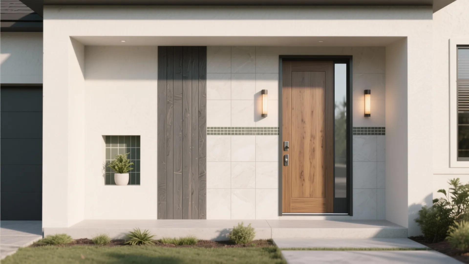 Modern house entrance with wooden door white tiles wall lights small plant and grey wood panels