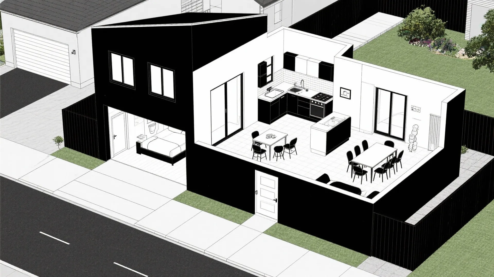 Top-down CAD plan with street-facing flex room and rear kitchen-dining-hearth core