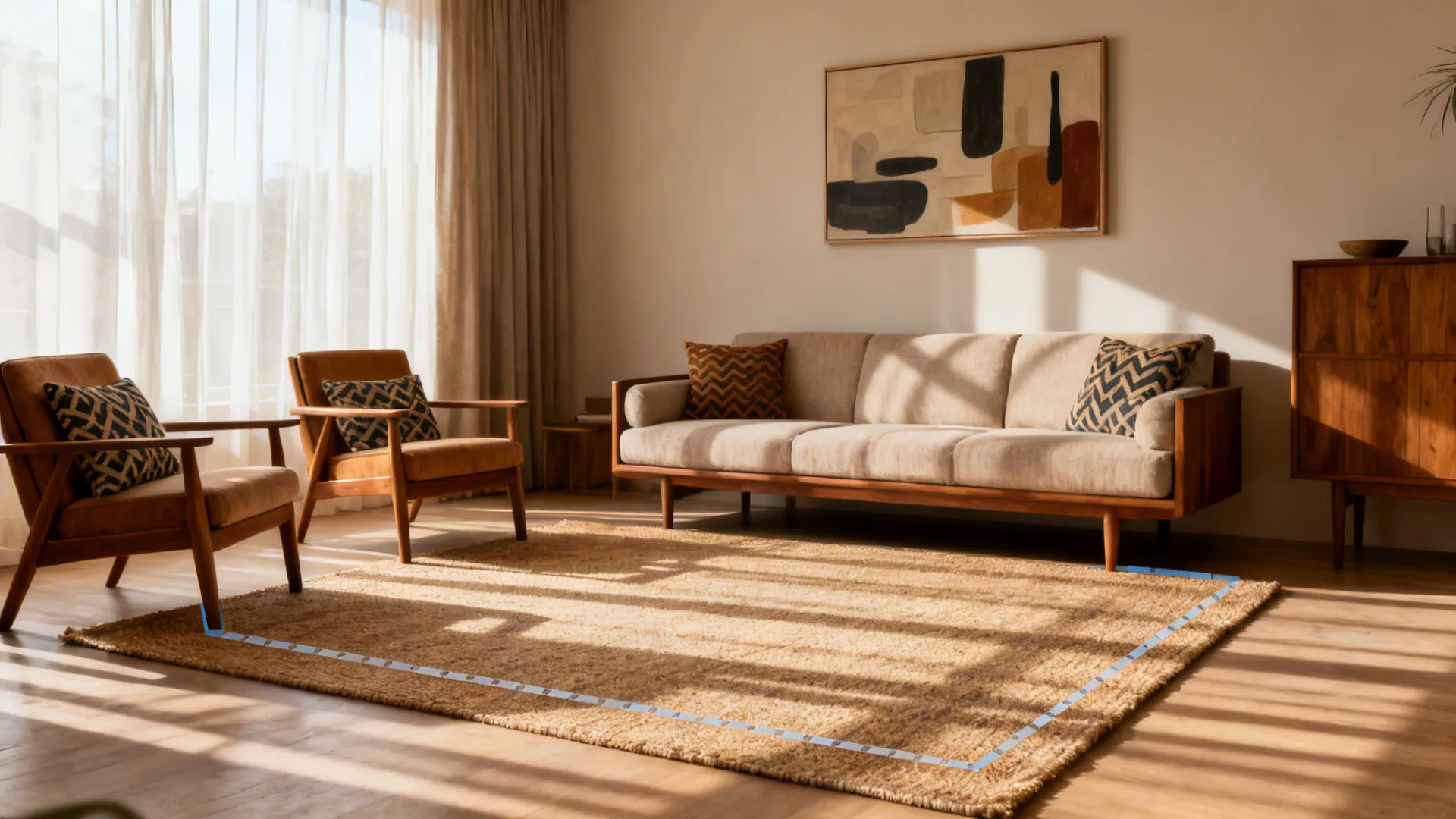 Medium living room with rug placed under front legs of sofa and chairs only