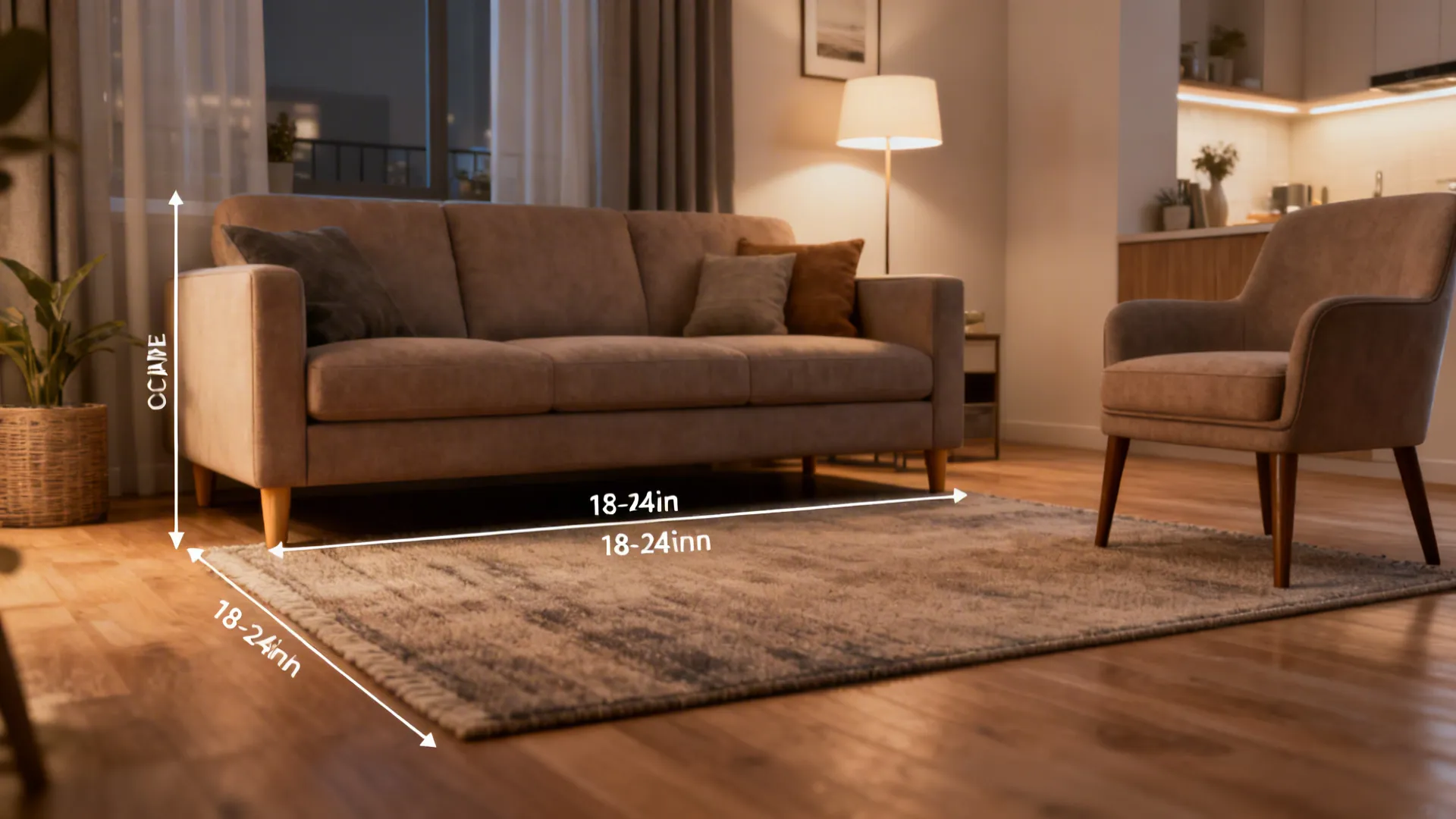 Apartment living room with a medium rug under sofa front legs, creating a balanced and airy layout.