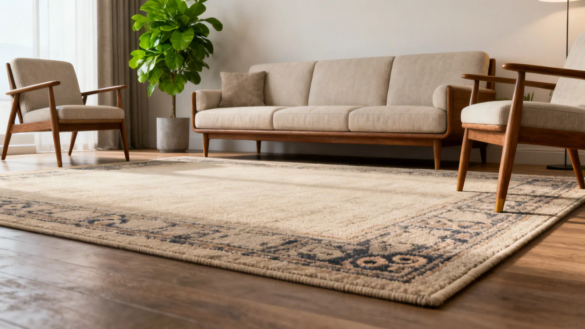 Medium living room with a 6x9 rug showing only the front legs of seating placed on the rug