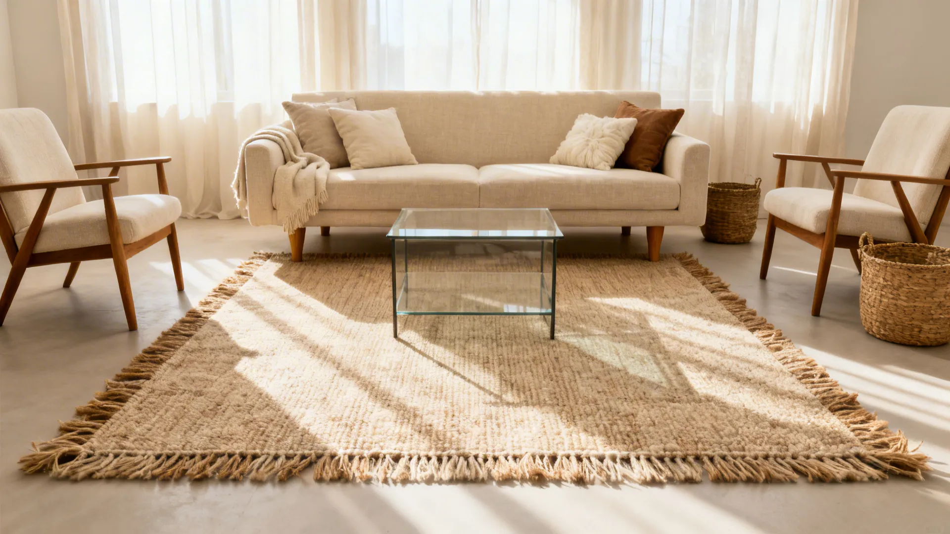 Modern living room with beige sofa wooden chairs glass table and jute rug under sunlight