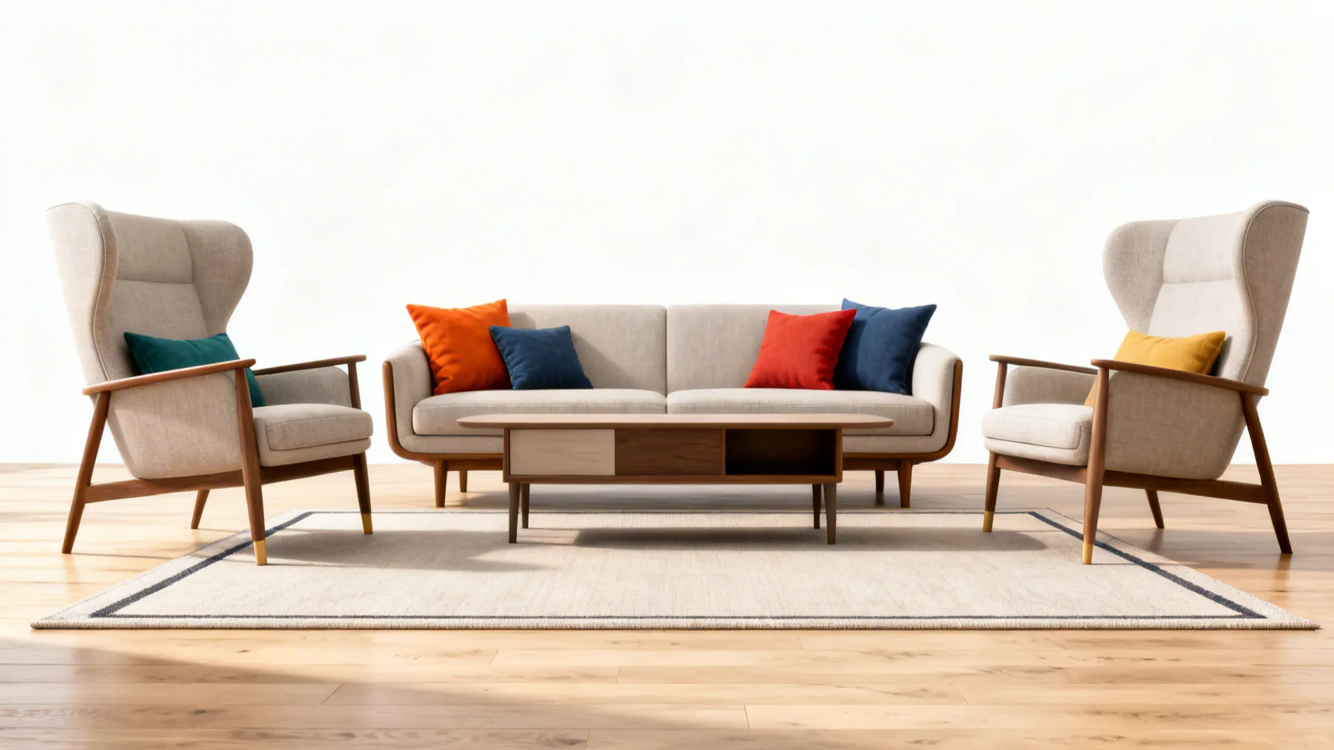 9x12 rug with only front legs of sofa and chairs on it, showing purposeful placement.