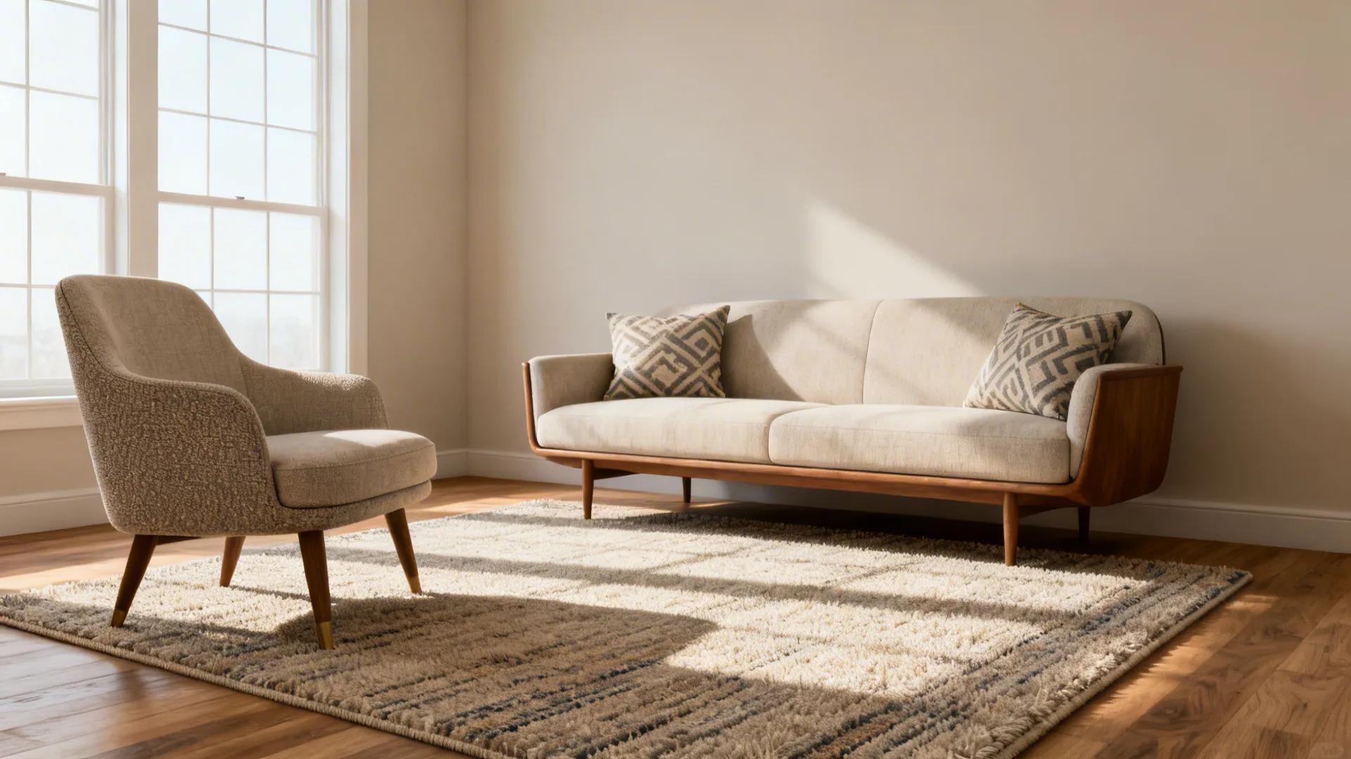 10x12 living room with a smaller rug anchoring the seating by supporting front legs only