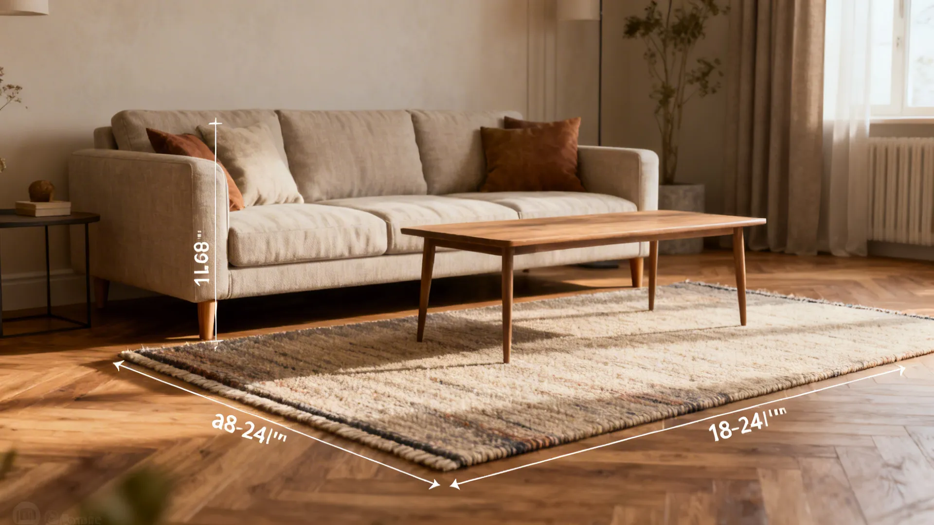 Sofa with front legs on rug showing 18–24 inches of rug in front of the sofa