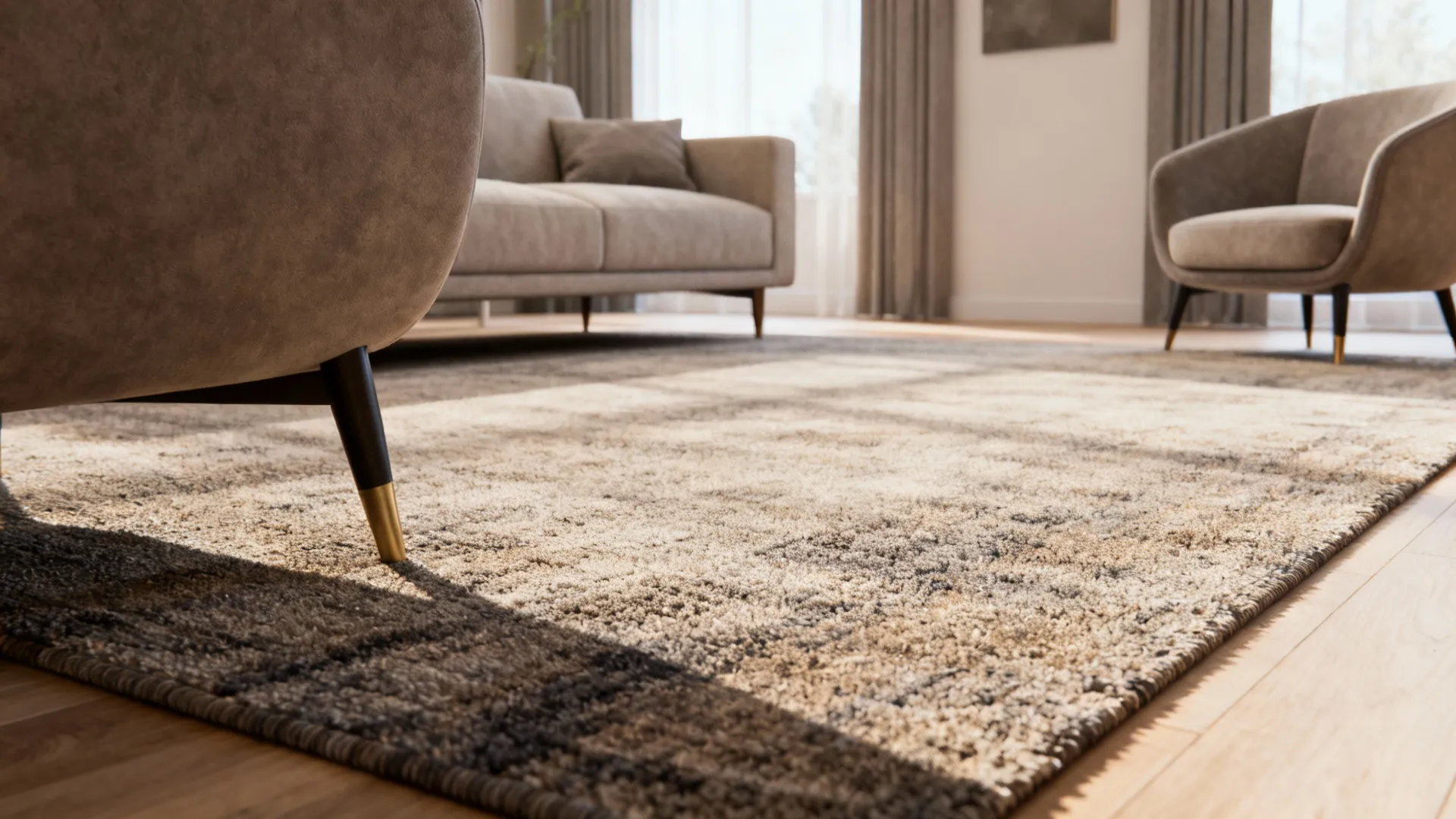 Living room with a medium rug showing front legs of sofa and chairs on the rug, tying seating together.