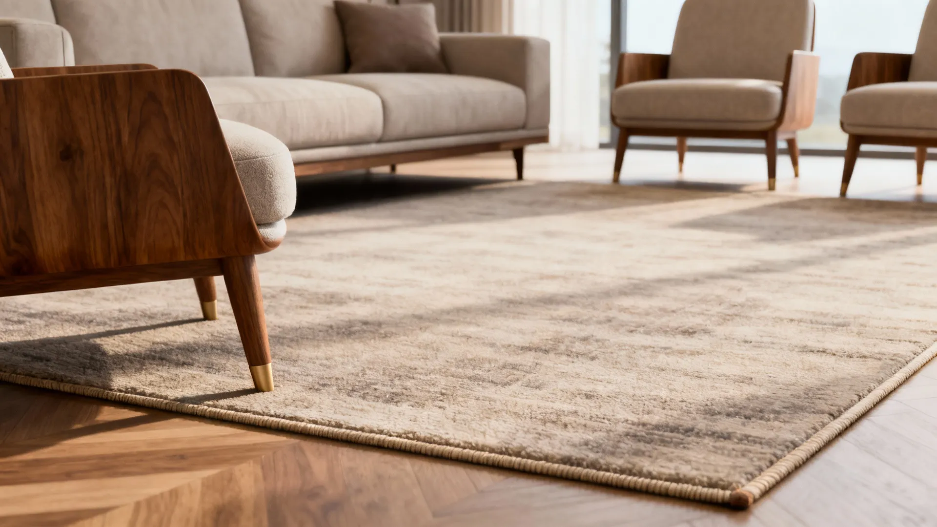 Living room with front legs of sofa and chairs on a medium rug, back legs off the rug.