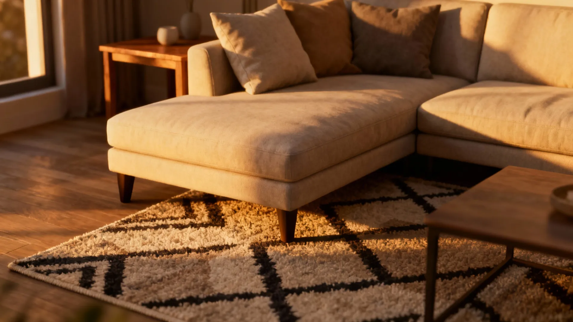 Cozy mid-sized living room with only the front legs of the sectional placed on a contrasting textured rug.