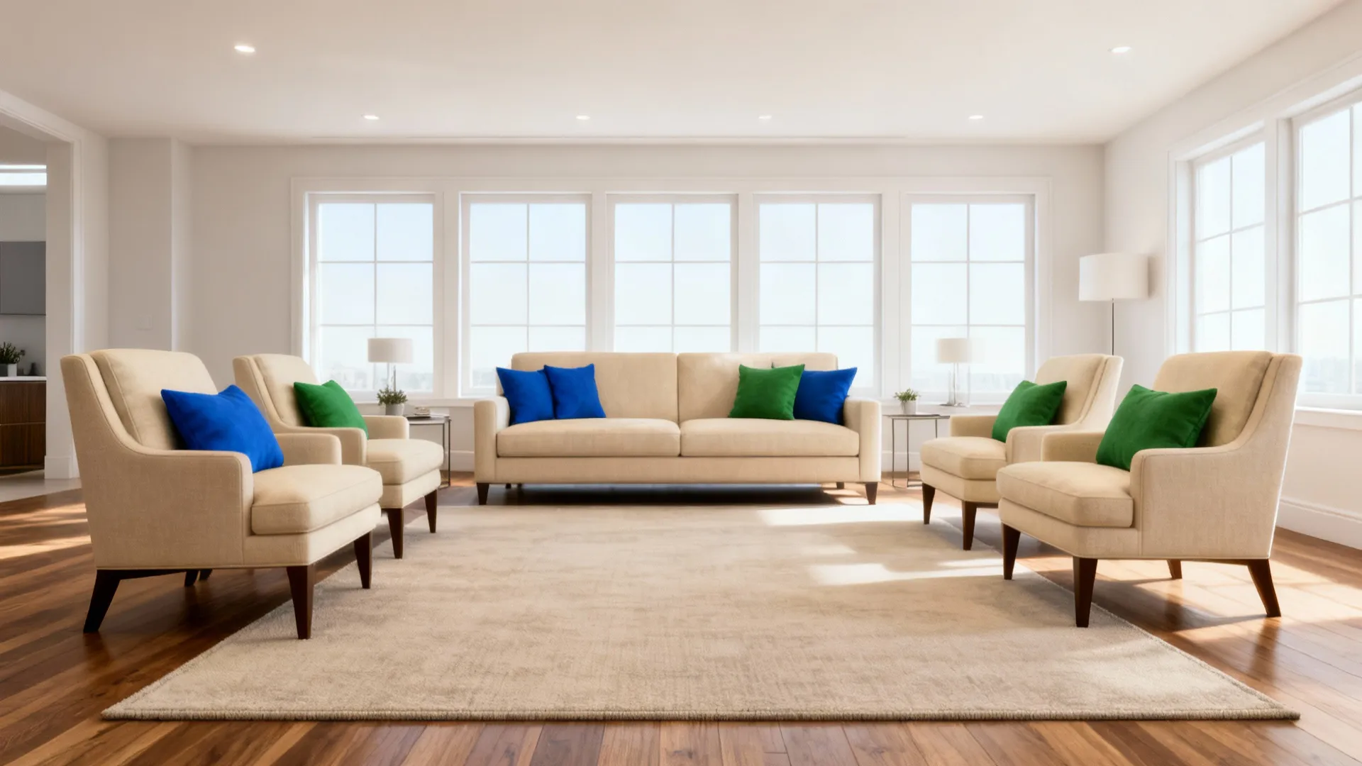 Medium living room with an 8x10 rug showing front legs on the rug and back legs off