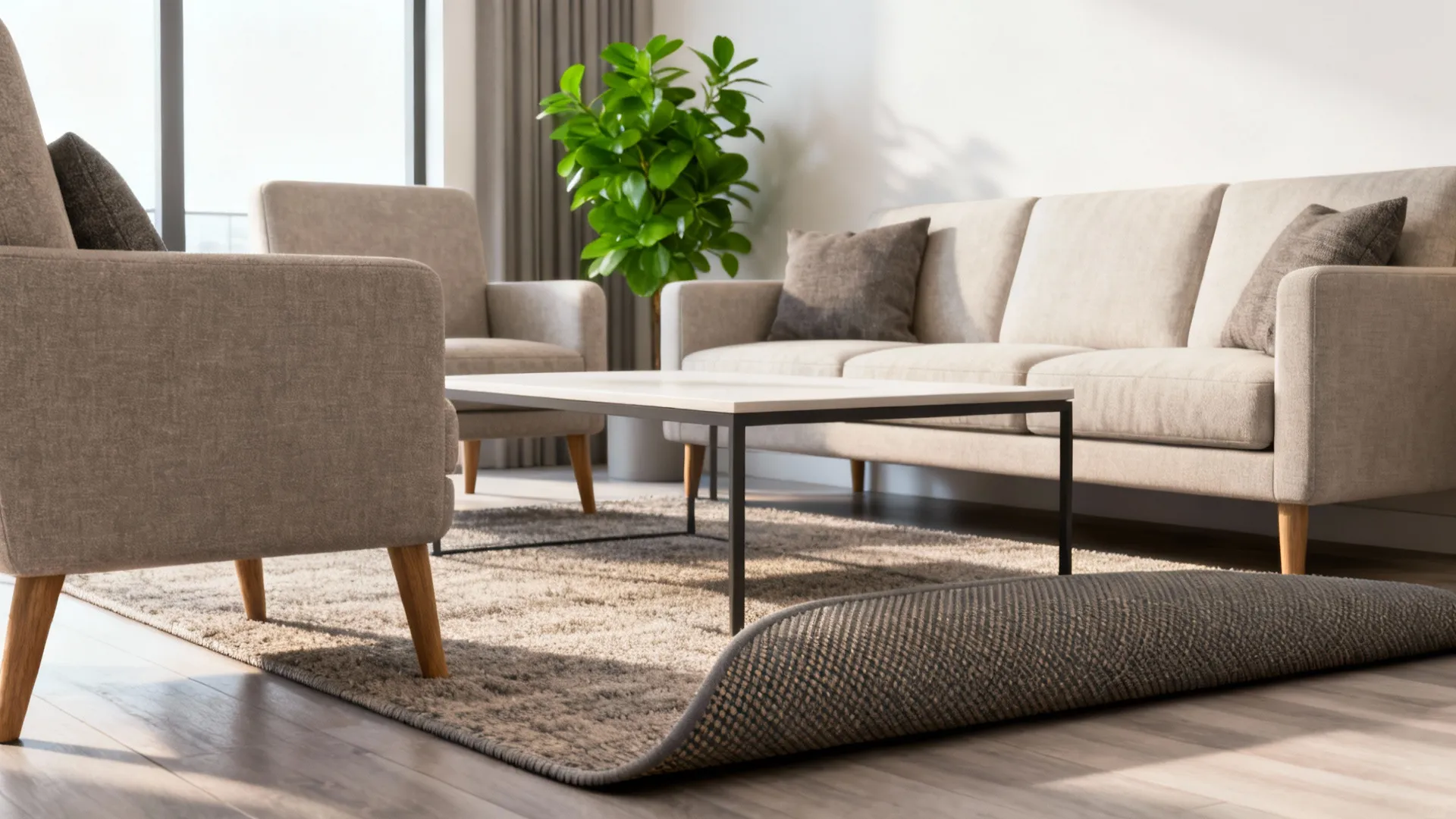 Sofa and chair front legs placed on a large textured rug in a bright room