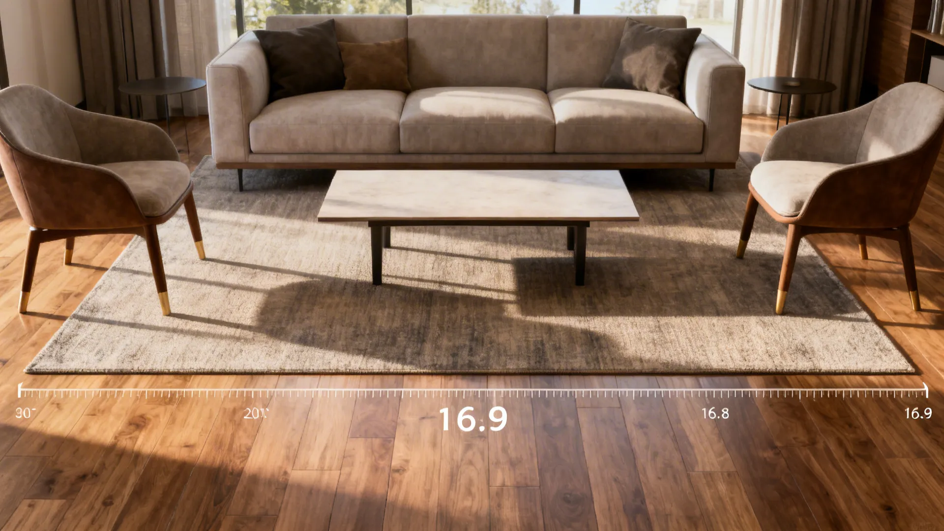 Mid-size rug under coffee table with front legs of seating on the rug to anchor the layout.