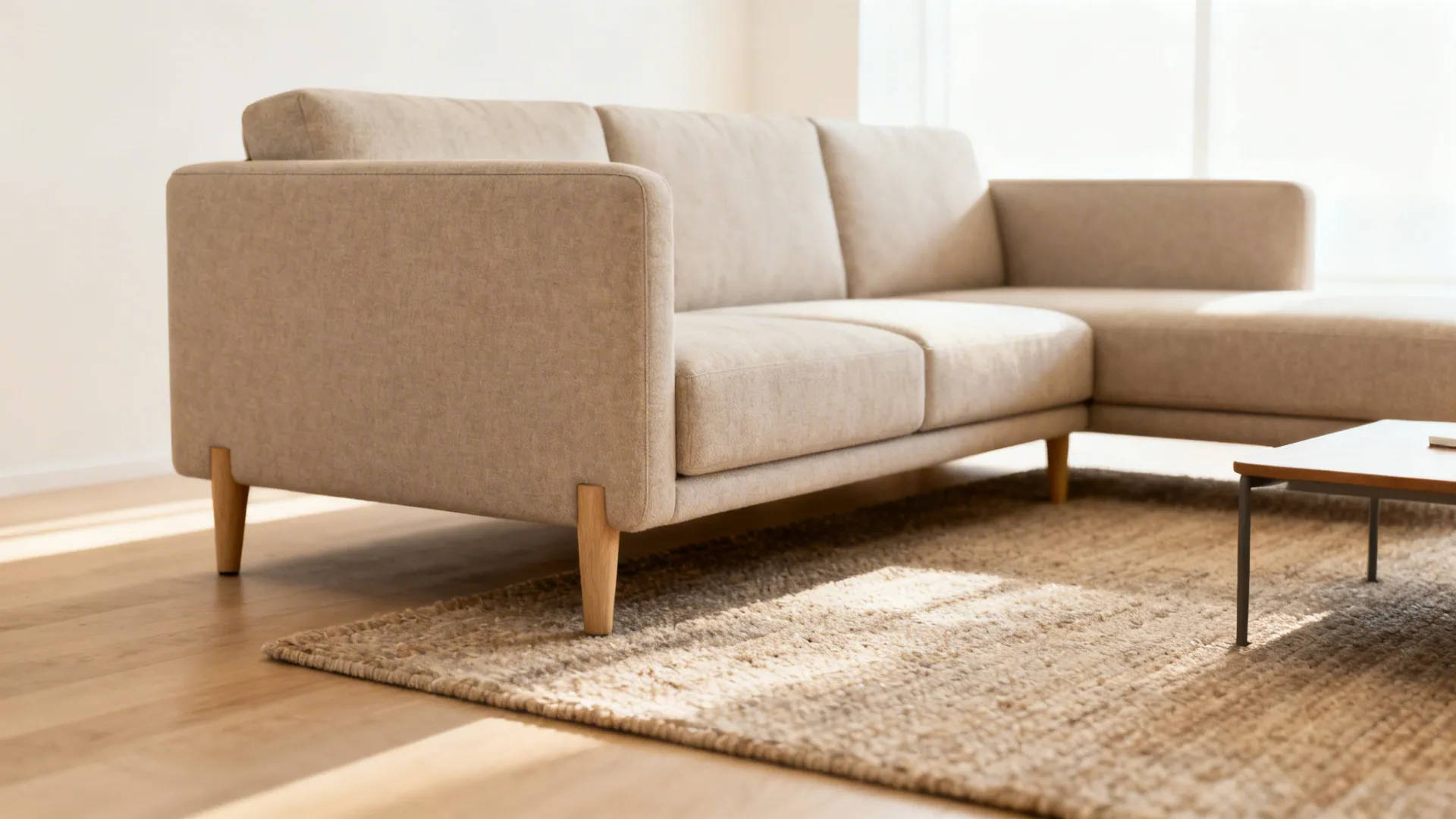 Narrow living room showing a medium rug with the front legs of a sectional resting on it