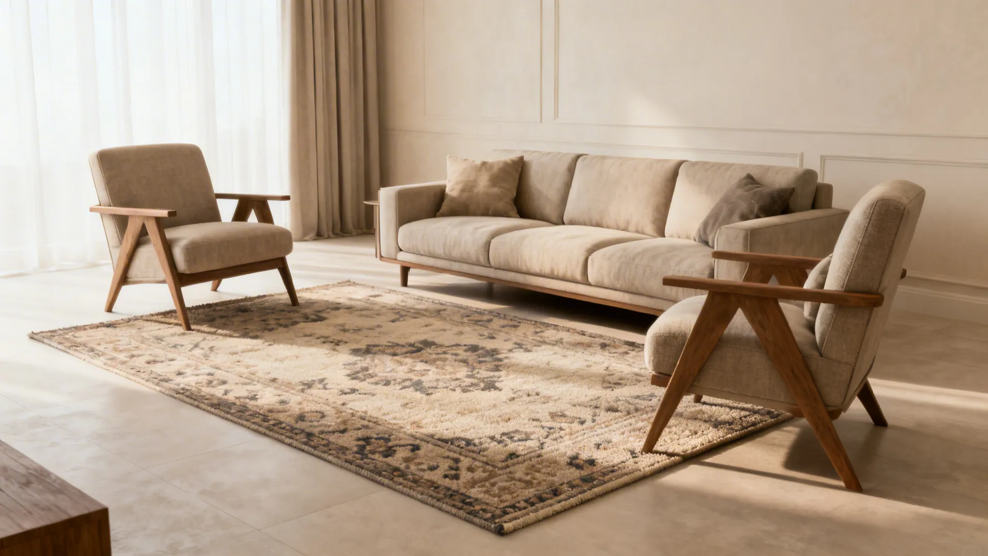 Medium living room with the rug under the front legs of the sofa and chairs for balanced connection.