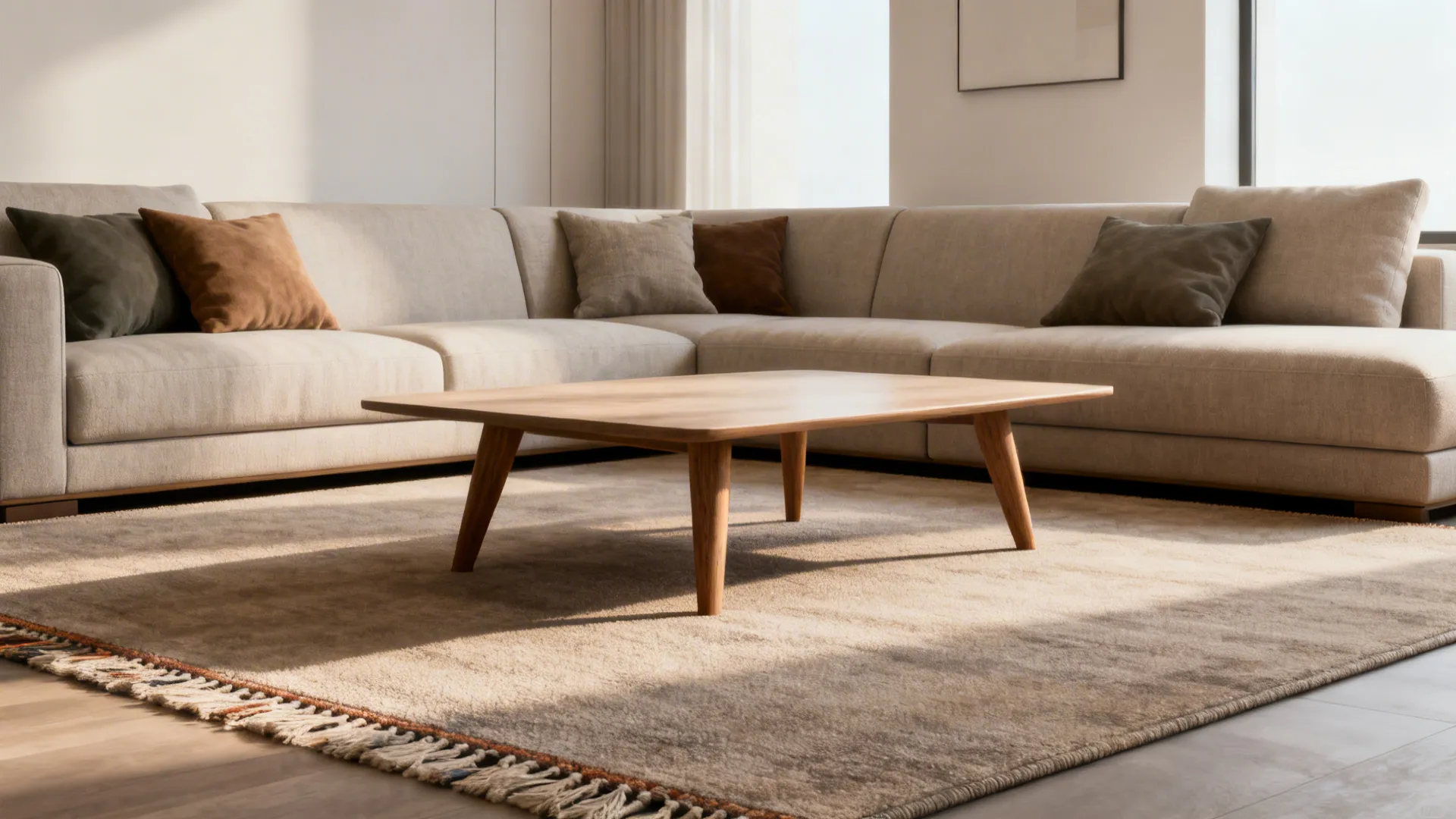 Medium living room where front legs of sectional rest on the rug, demonstrating the front-legs-on method.