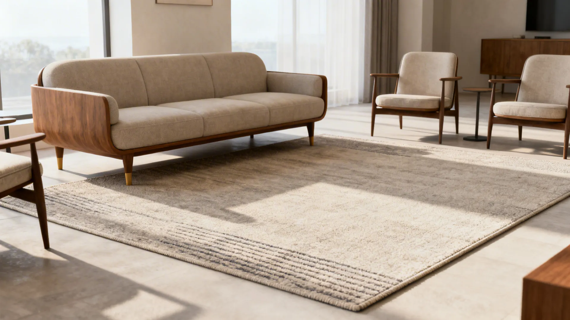 Rug with only front legs of sofa and chairs on it creating a balanced, flexible layout