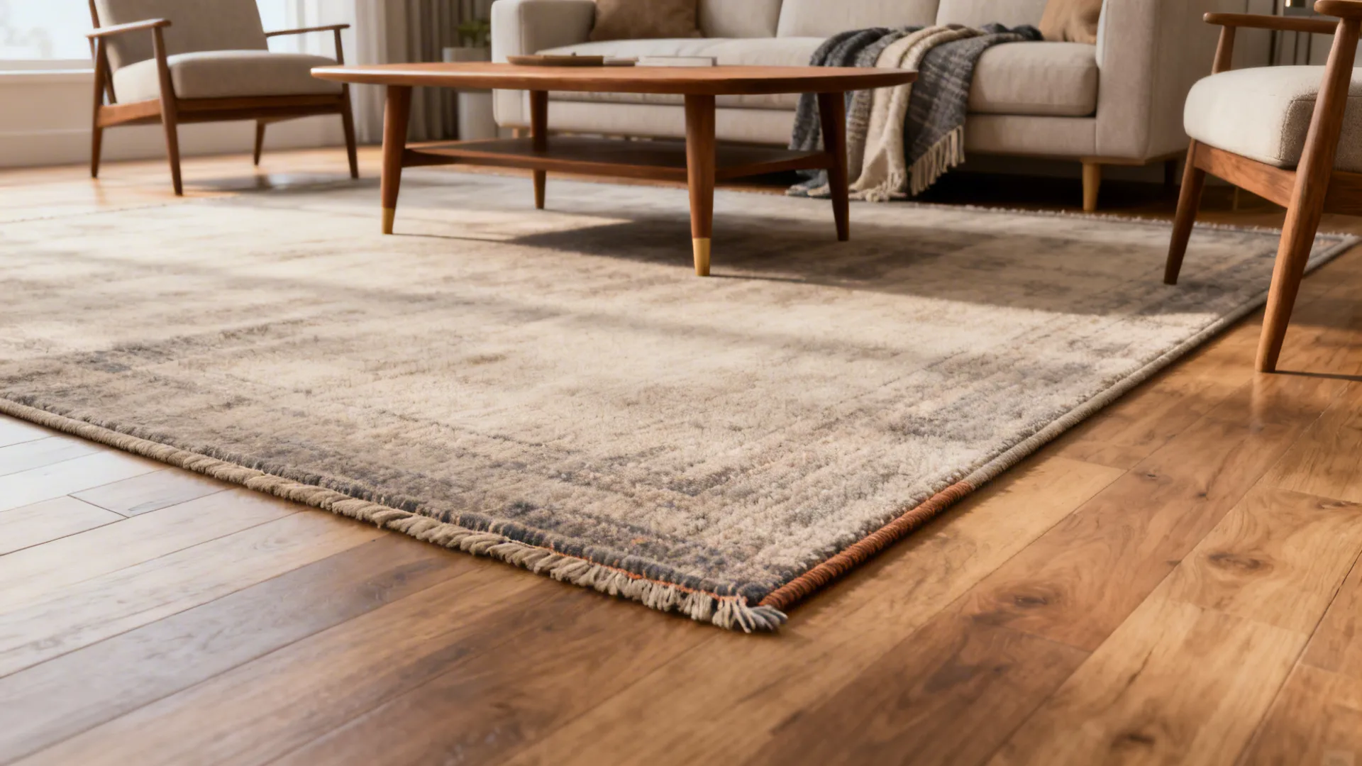 Medium living room with rug under only the front legs of the sofa and chairs, showing a layered look.