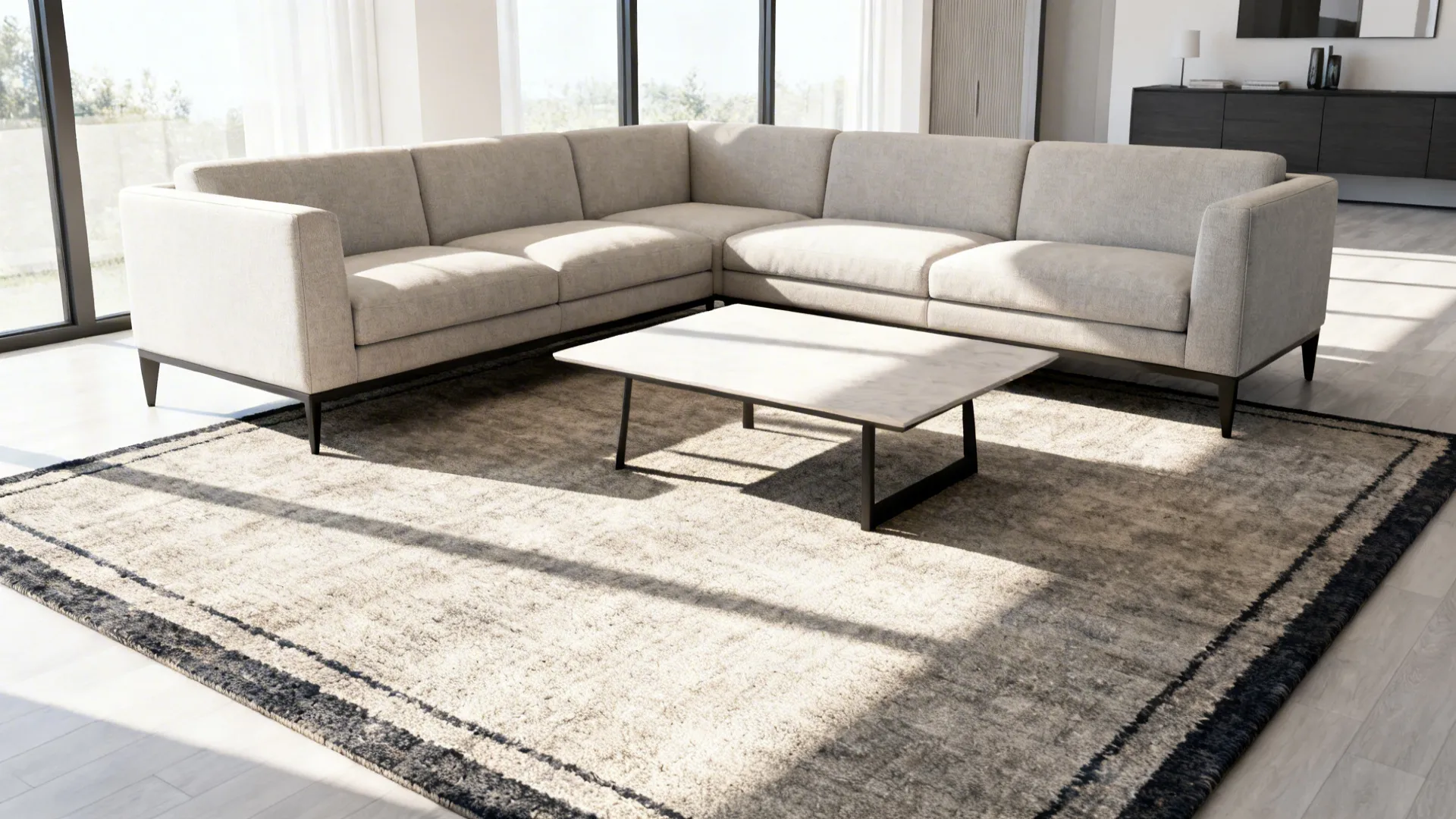 Sectional with only front legs on a mid-size rug anchoring the coffee table