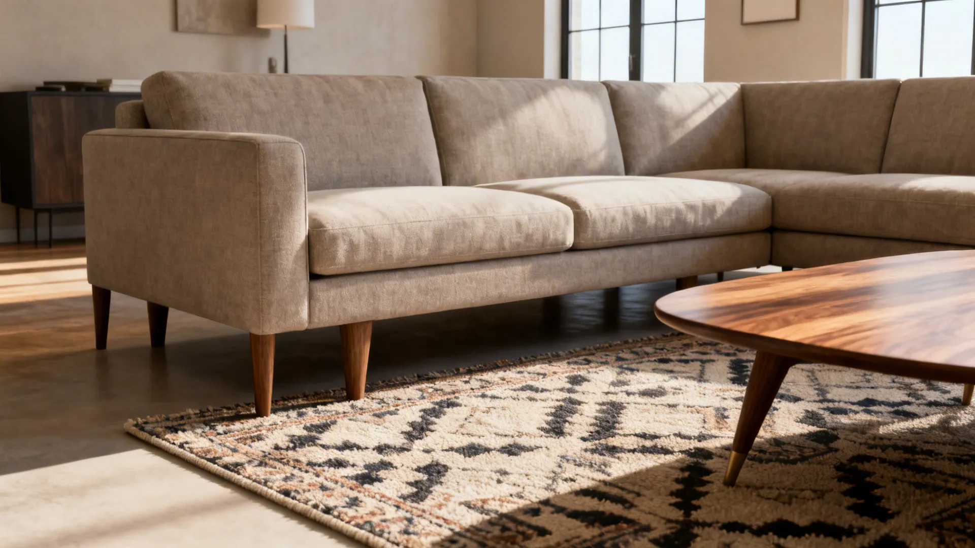 Mid-size rug under front legs of a sectional with back legs on the floor, creating balance
