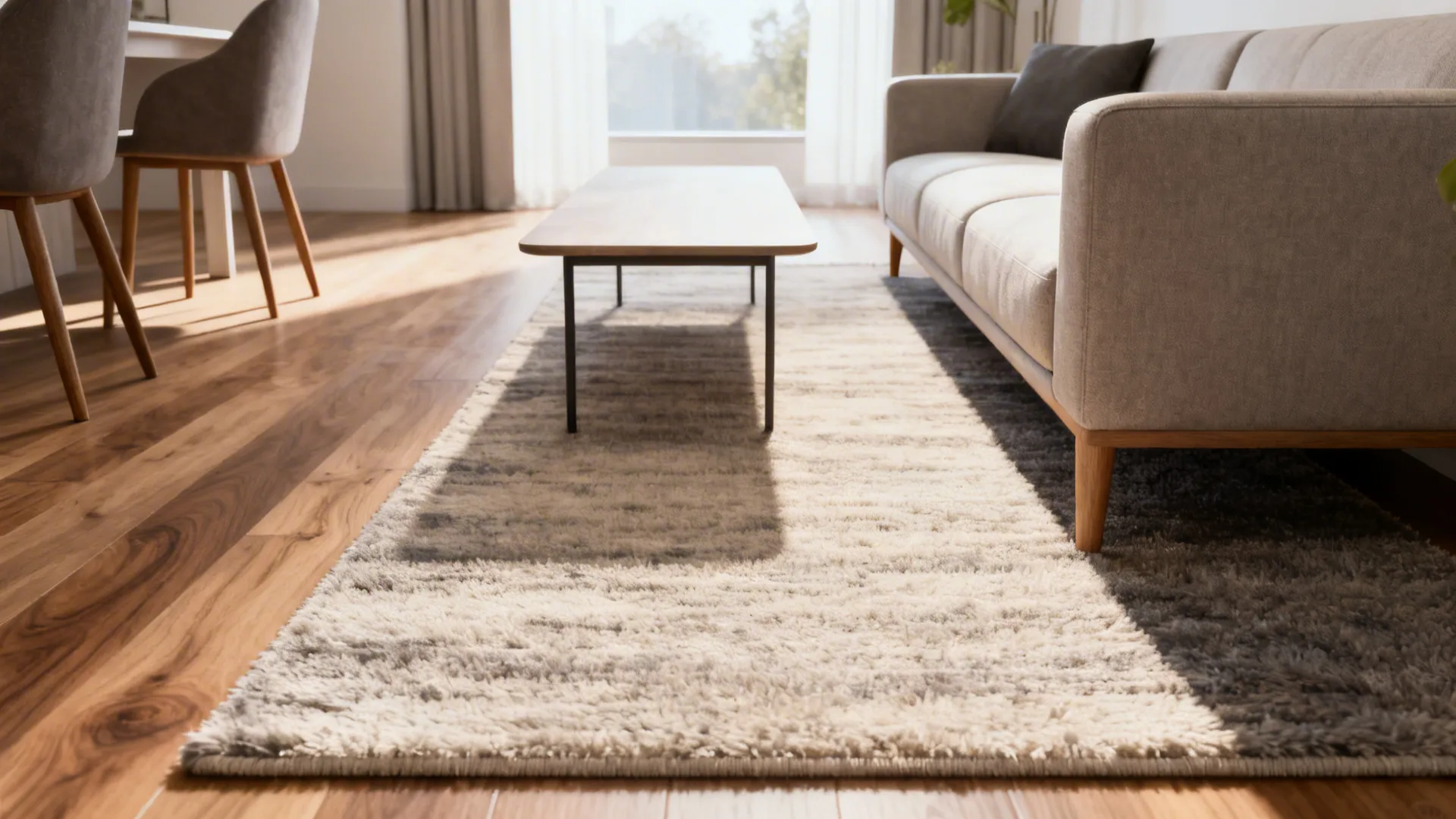 Narrow living room where only the front legs of sofa and chairs rest on a mid-sized rug for a flexible layout.