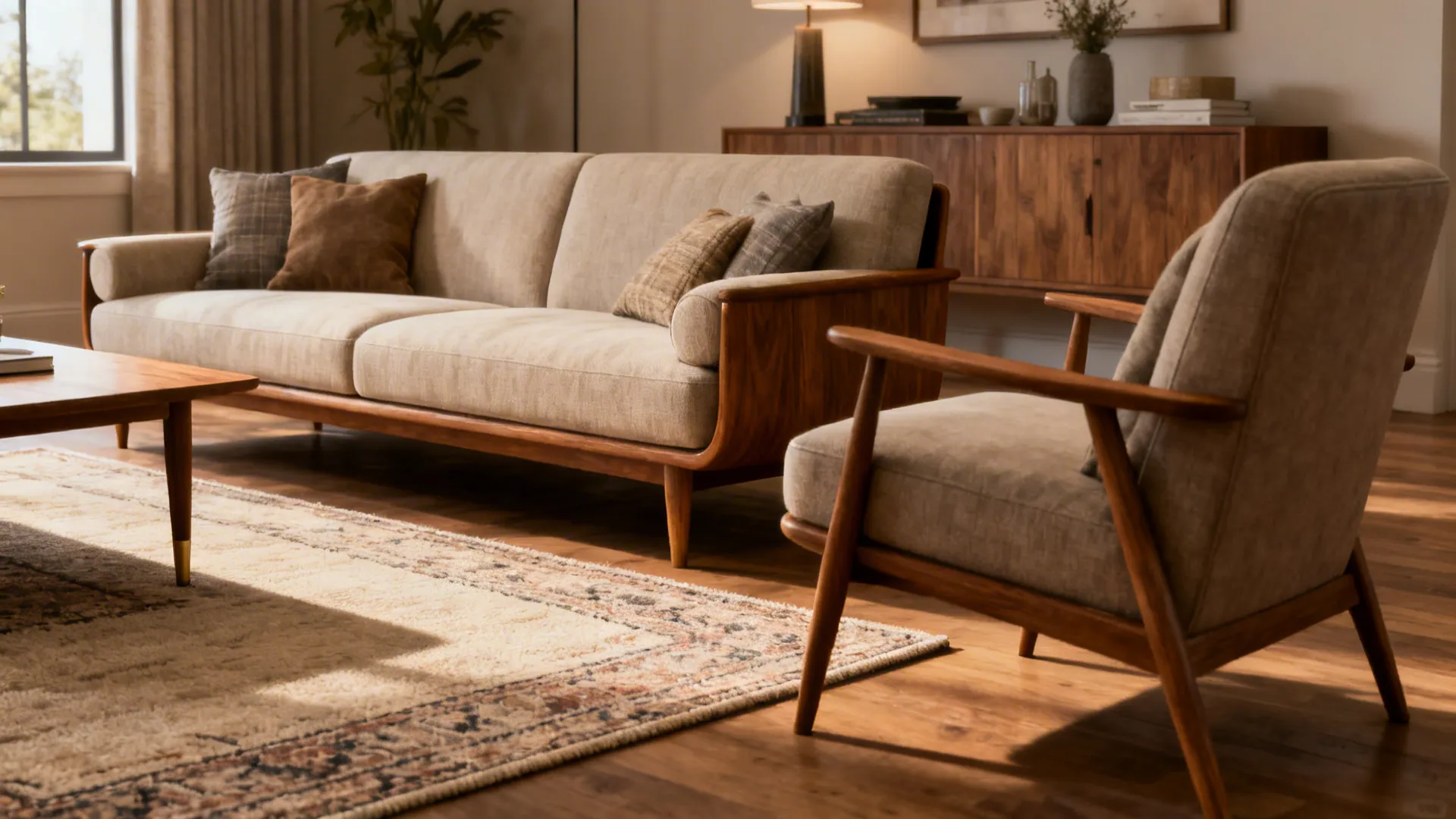 Living room furniture with sofa front legs on patterned rug armchair and wood storage cabinet