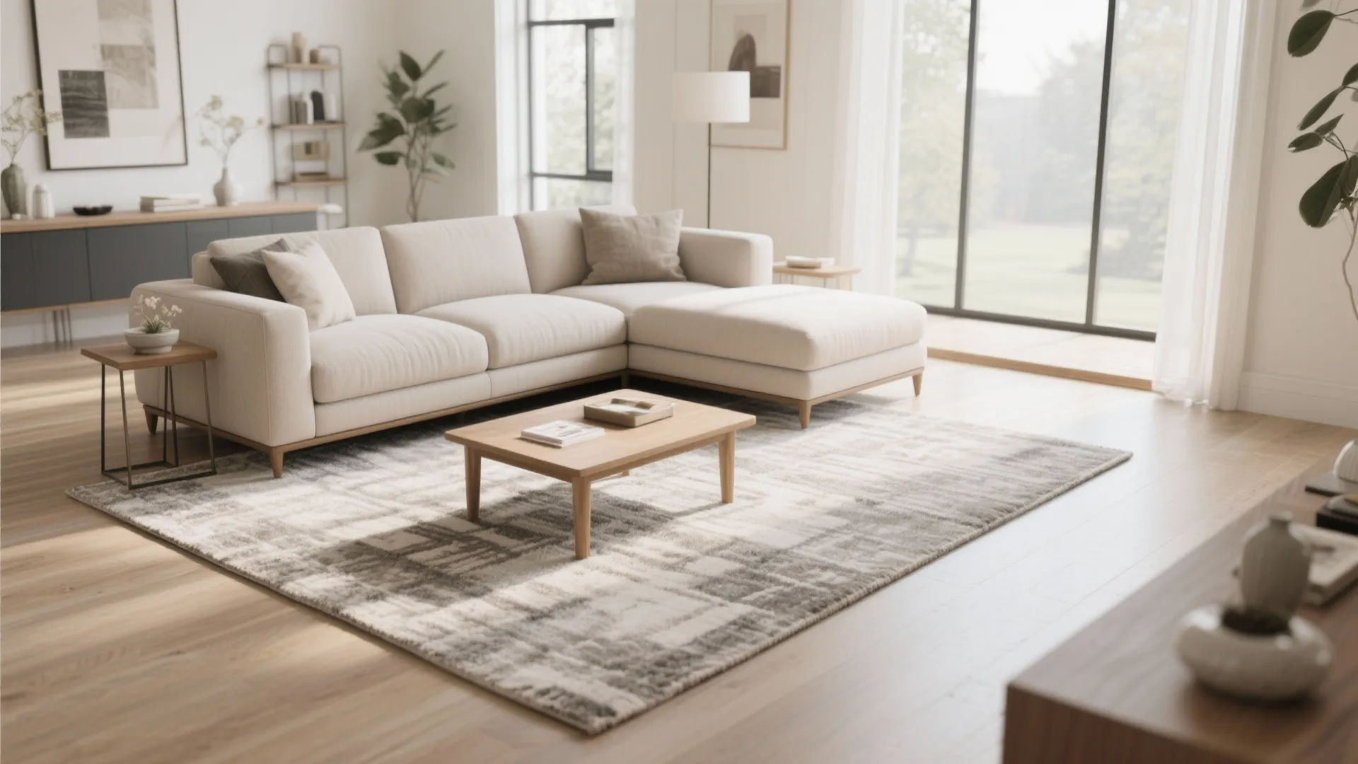 Sectional sofa front legs positioned on large area rug