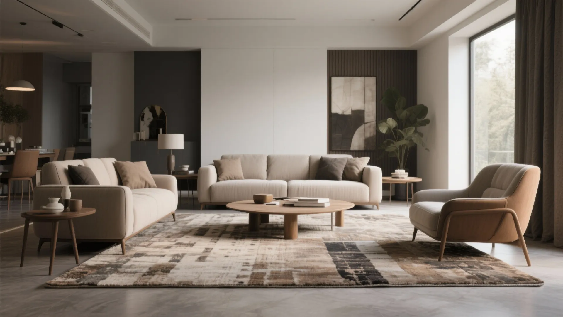 Modern living room with beige sofas and armchair on patterned rug with wooden coffee table