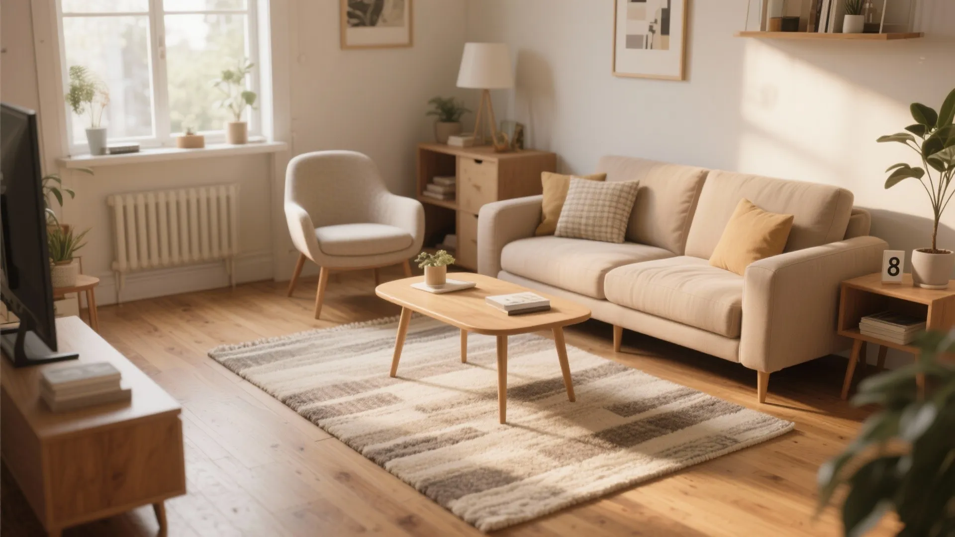 Bright living room with striped rug showing only front legs of sofa on top surface