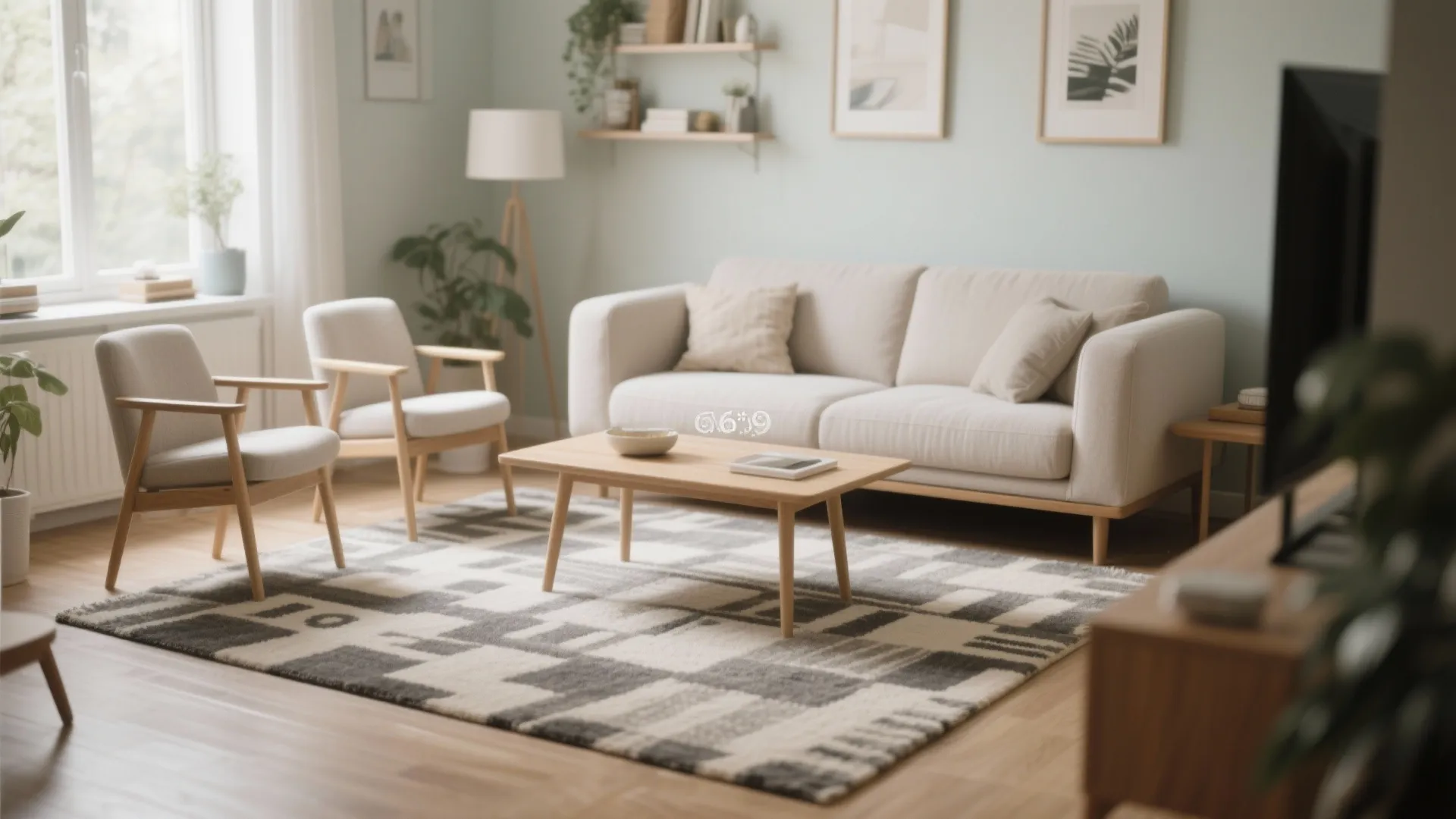 Living room furniture layout with front legs of sofa and chairs placed on area rug