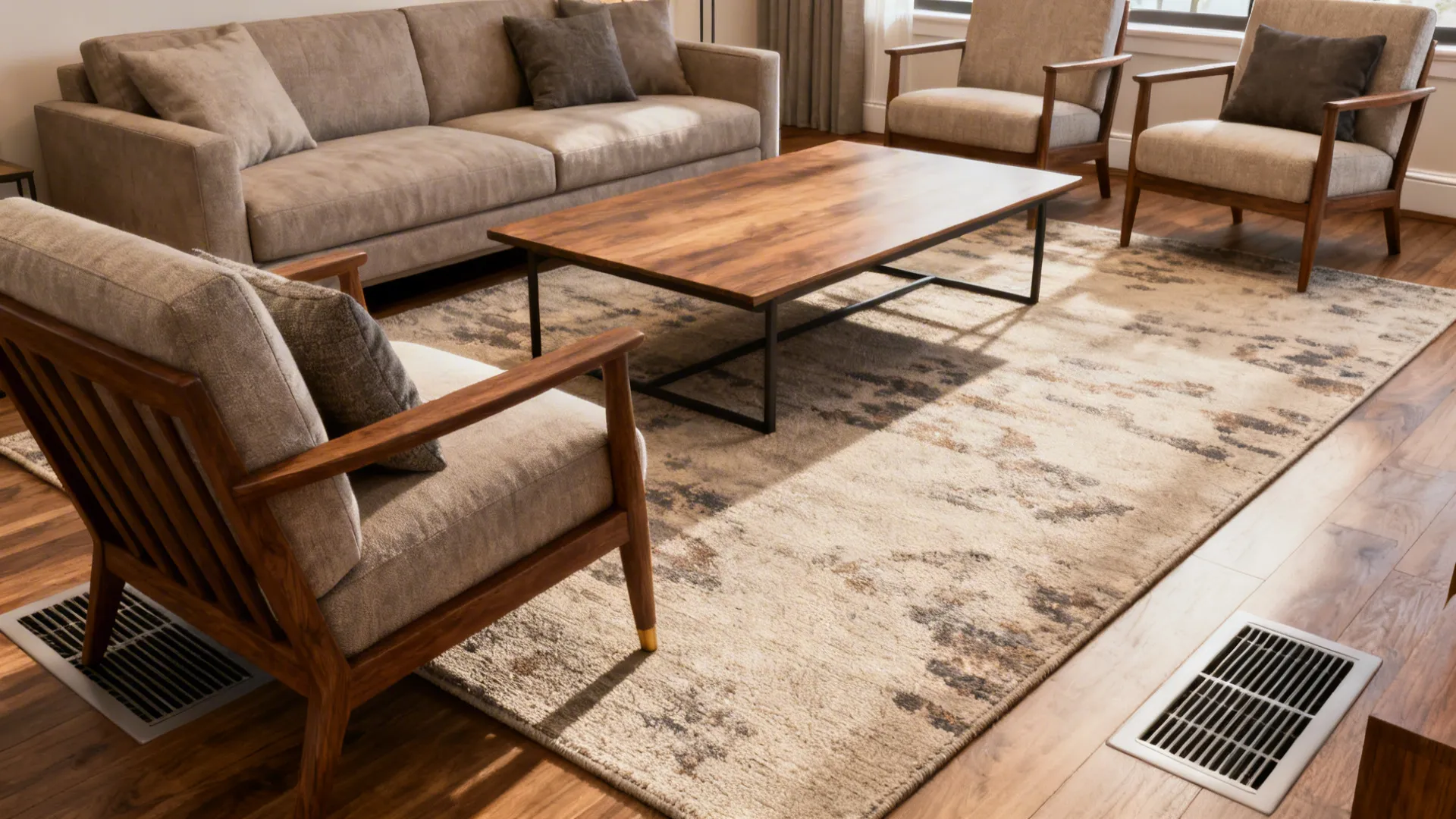 Mid-size living room showing the front-leg rule where only the front legs of seating sit on the rug.